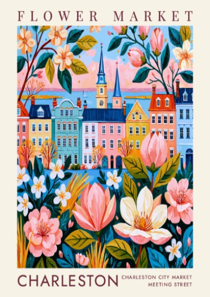 Flower market poster featuring a colorful cityscape with blooming flowers and pastel buildings