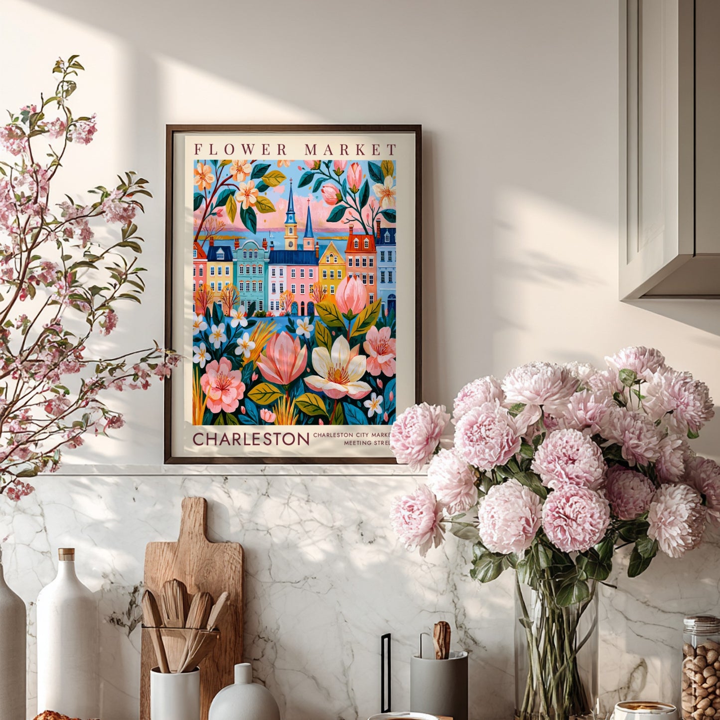 Flower market poster featuring a colorful cityscape with blooming flowers and pastel buildings