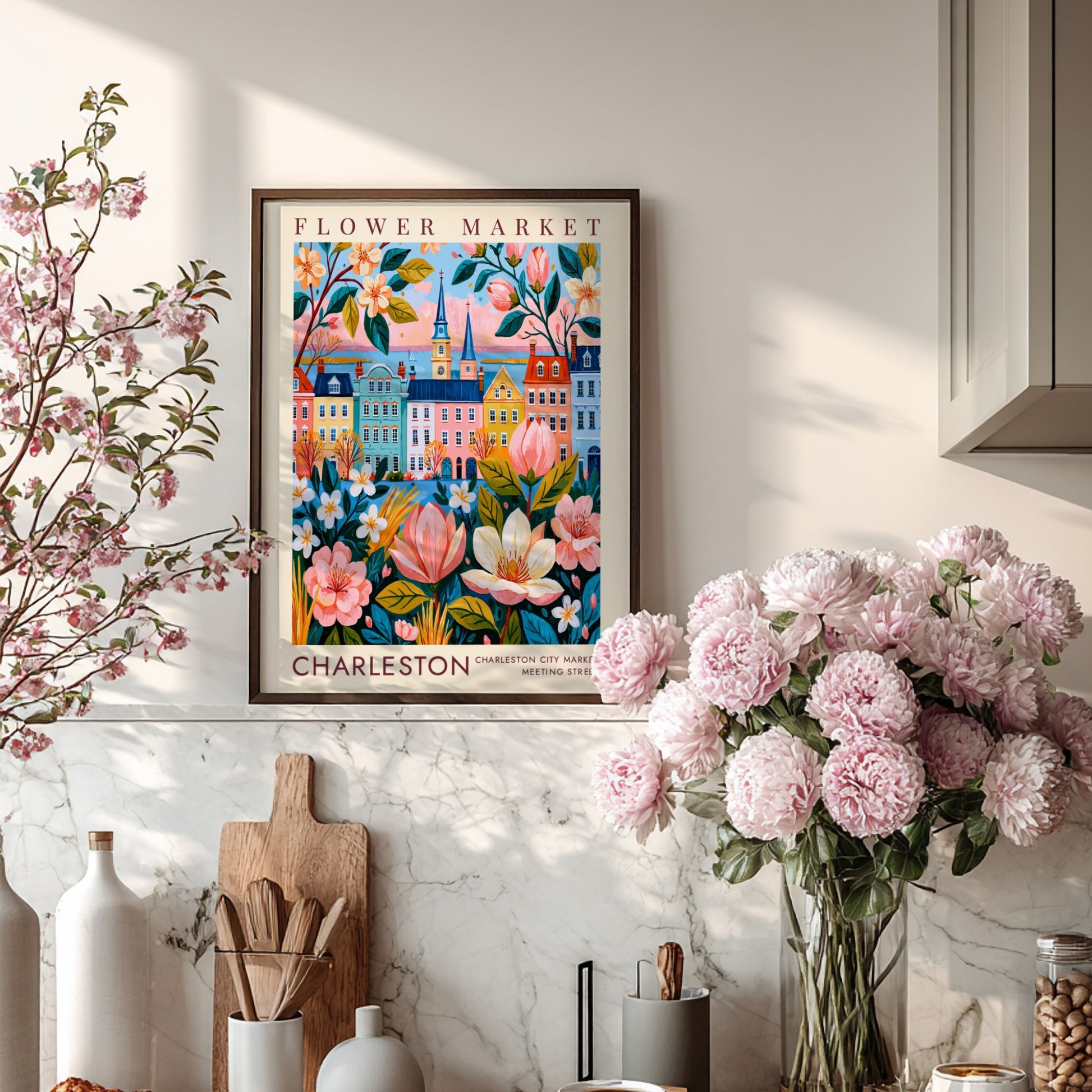Flower market poster featuring a colorful cityscape with blooming flowers and pastel buildings