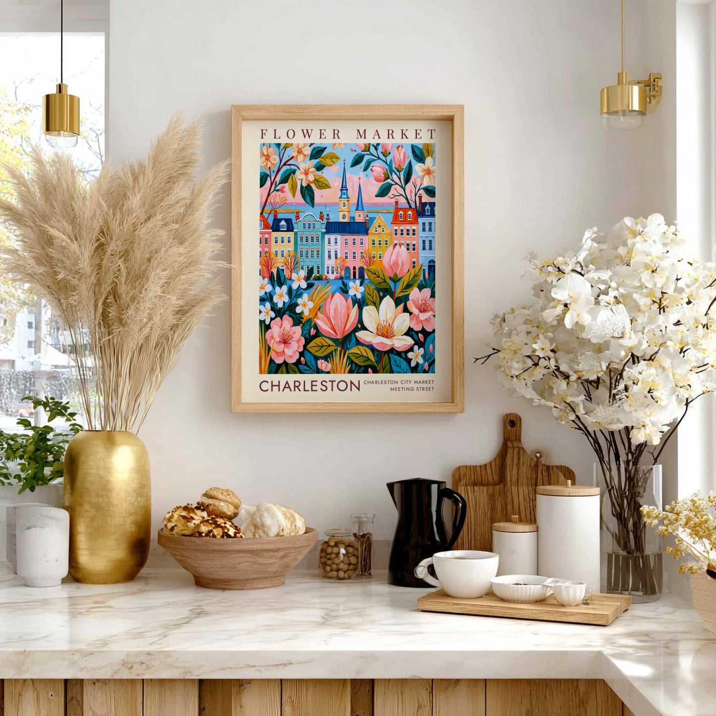 Flower market poster featuring a colorful cityscape with blooming flowers and pastel buildings