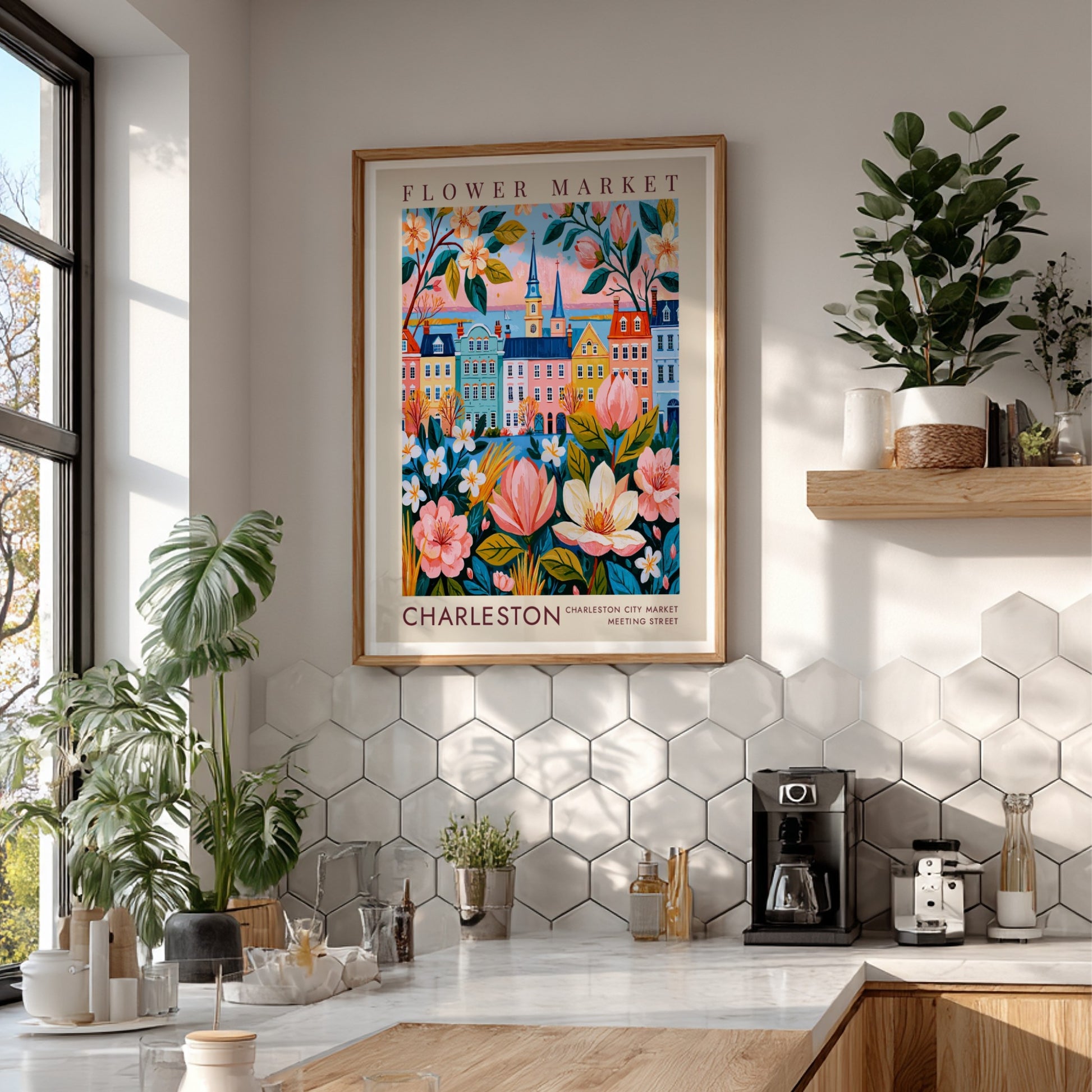 Flower market poster featuring a colorful cityscape with blooming flowers and pastel buildings
