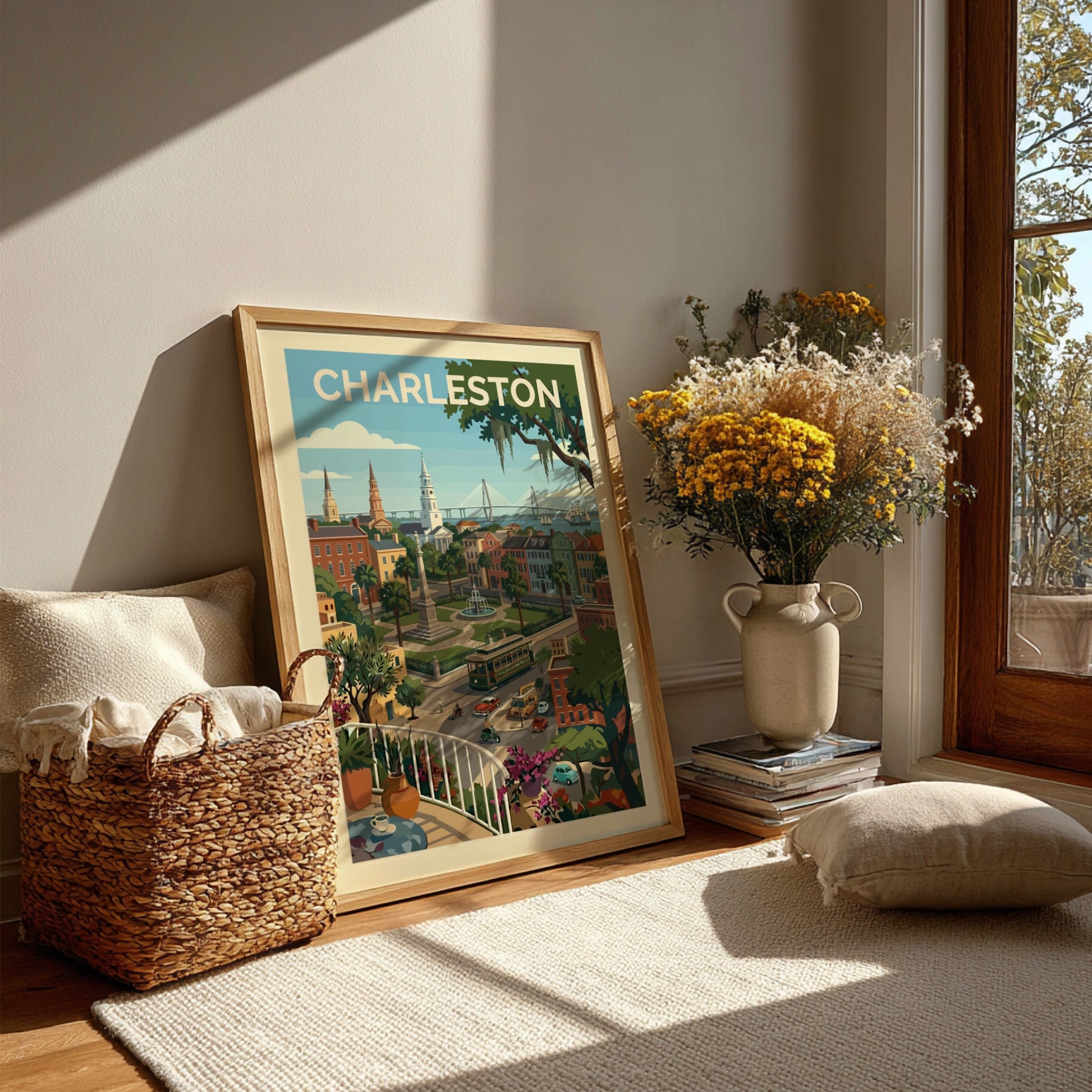 Vibrant Charleston cityscape illustration with vintage trolley, historic buildings, and a bridge. Vintage