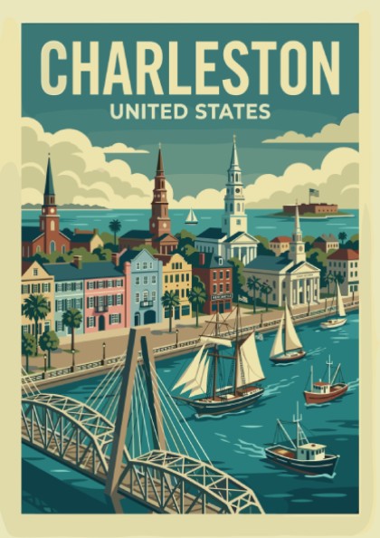 Vintage Charleston travel poster featuring historic buildings and boats on the water.