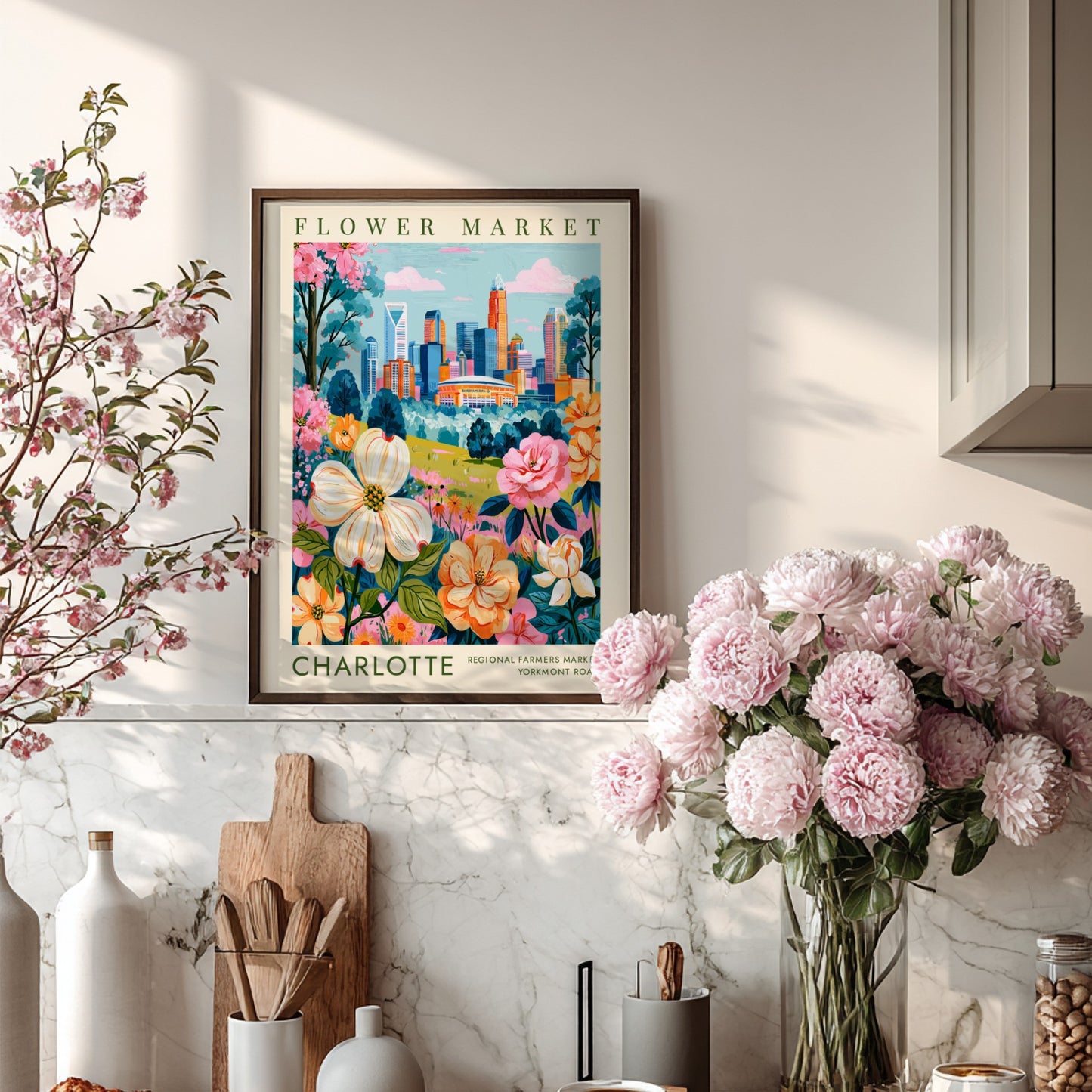 Flower market poster featuring colorful blooms and Charlotte skyline in urban botanical style