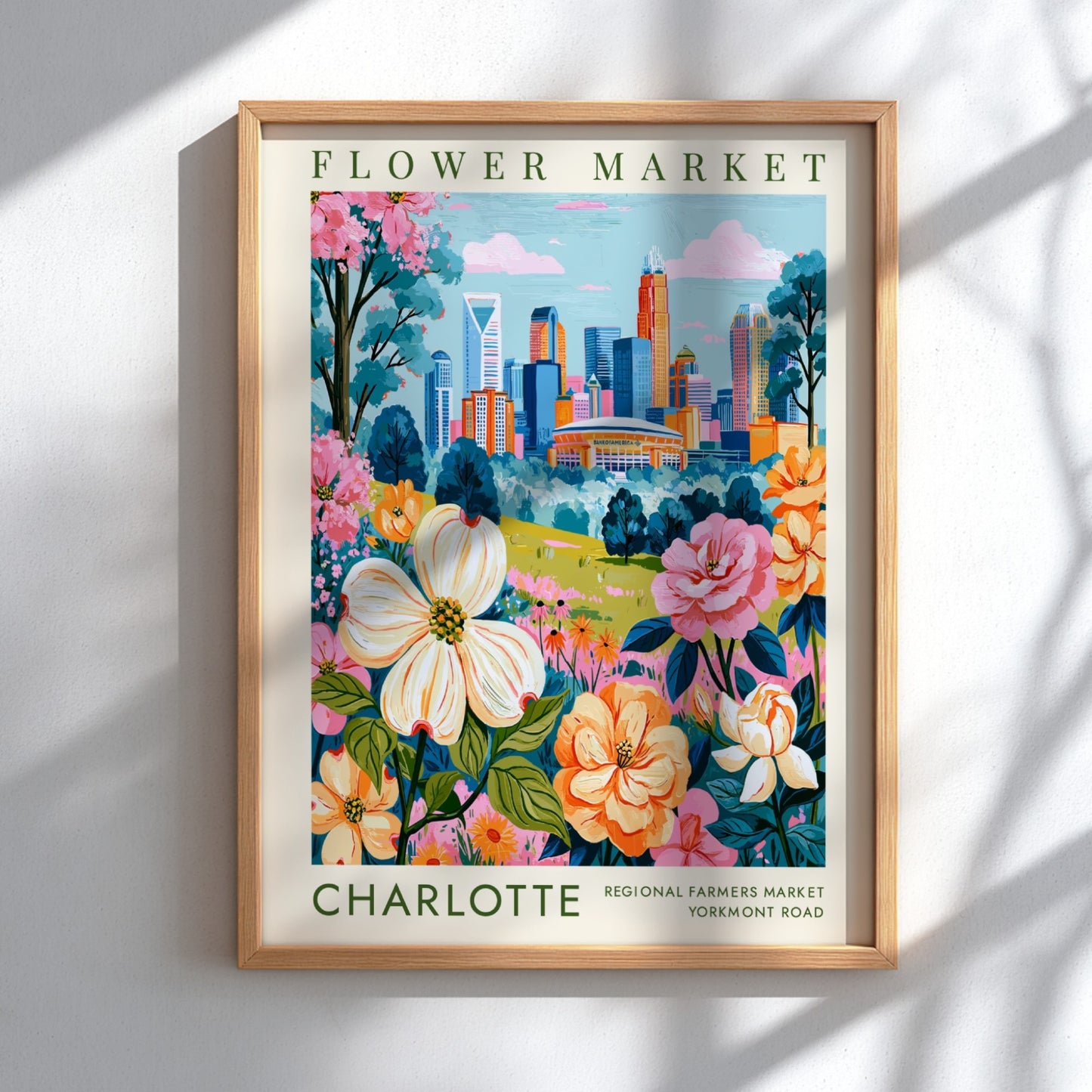 Flower market poster featuring colorful blooms and Charlotte skyline in urban botanical style