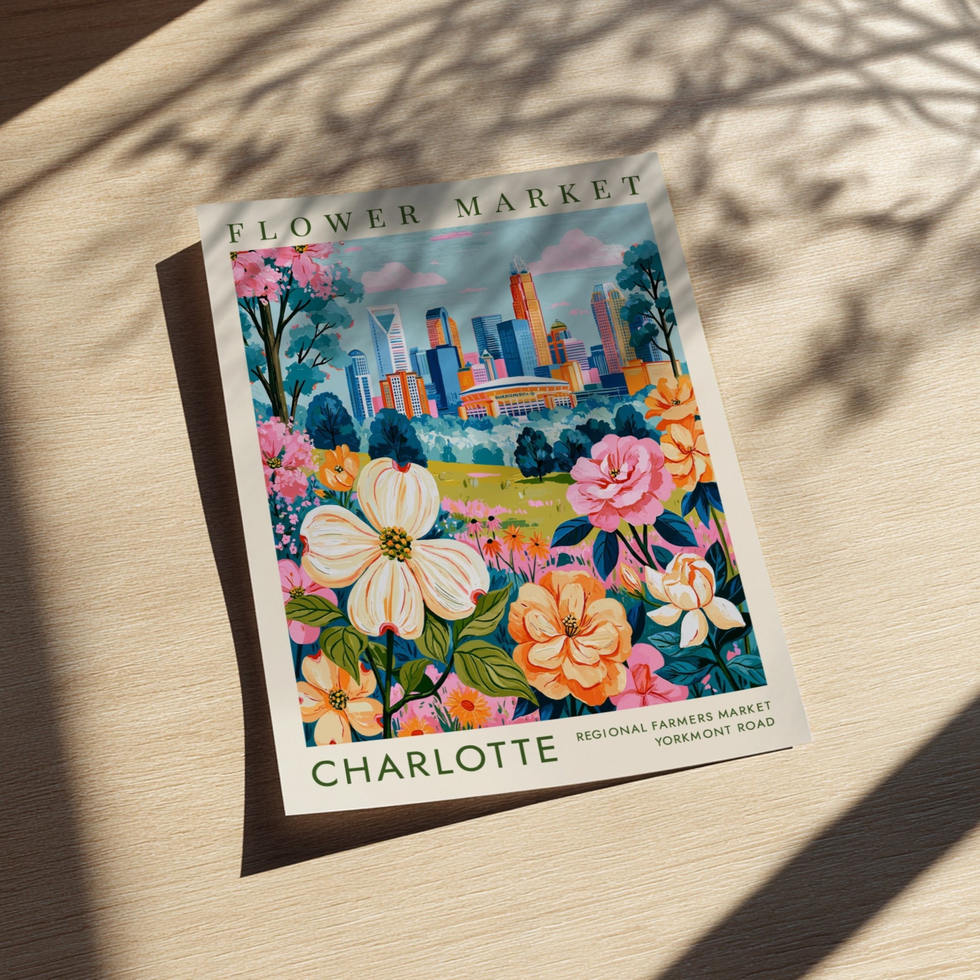 Flower market poster featuring colorful blooms and Charlotte skyline in urban botanical style