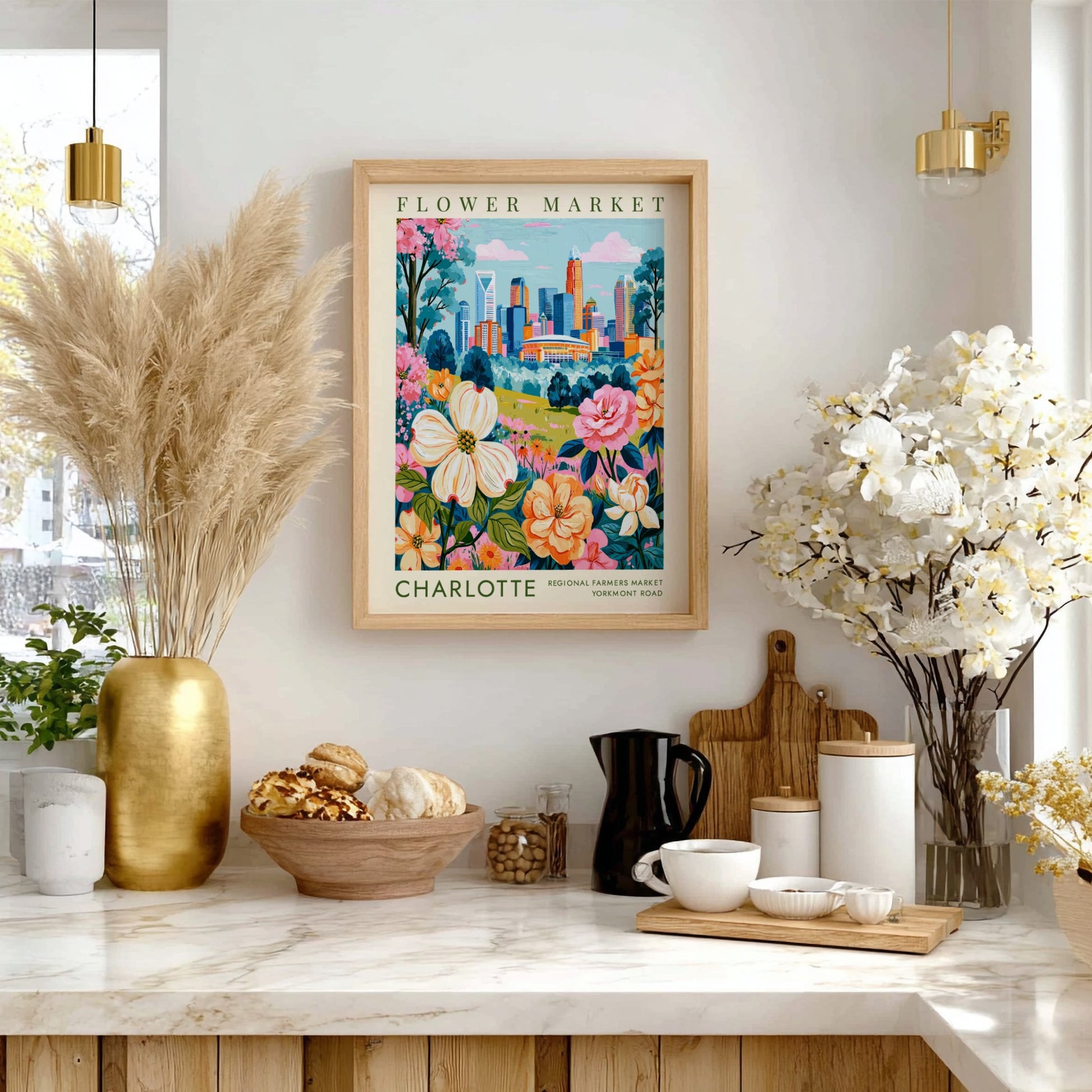 Flower market poster featuring colorful blooms and Charlotte skyline in urban botanical style