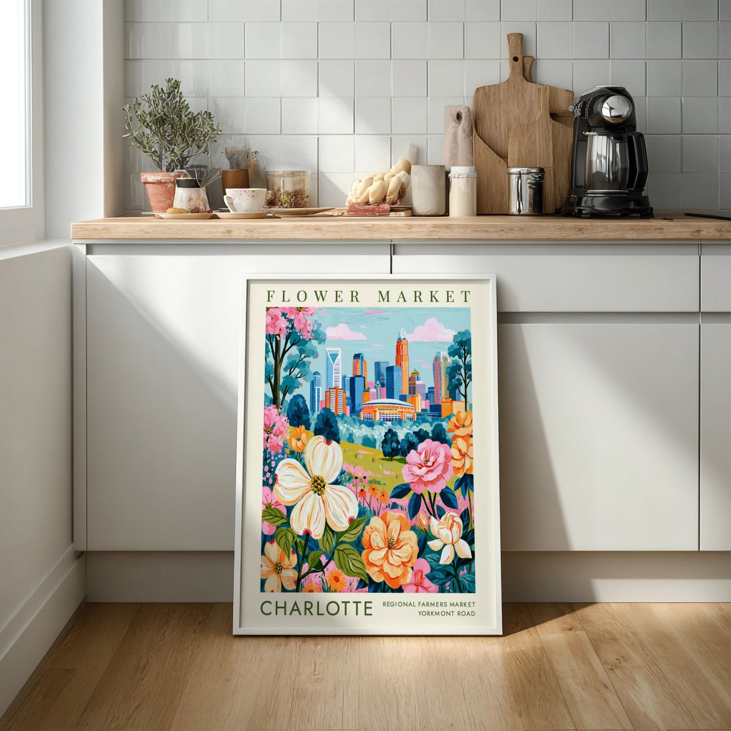 Flower market poster featuring colorful blooms and Charlotte skyline in urban botanical style