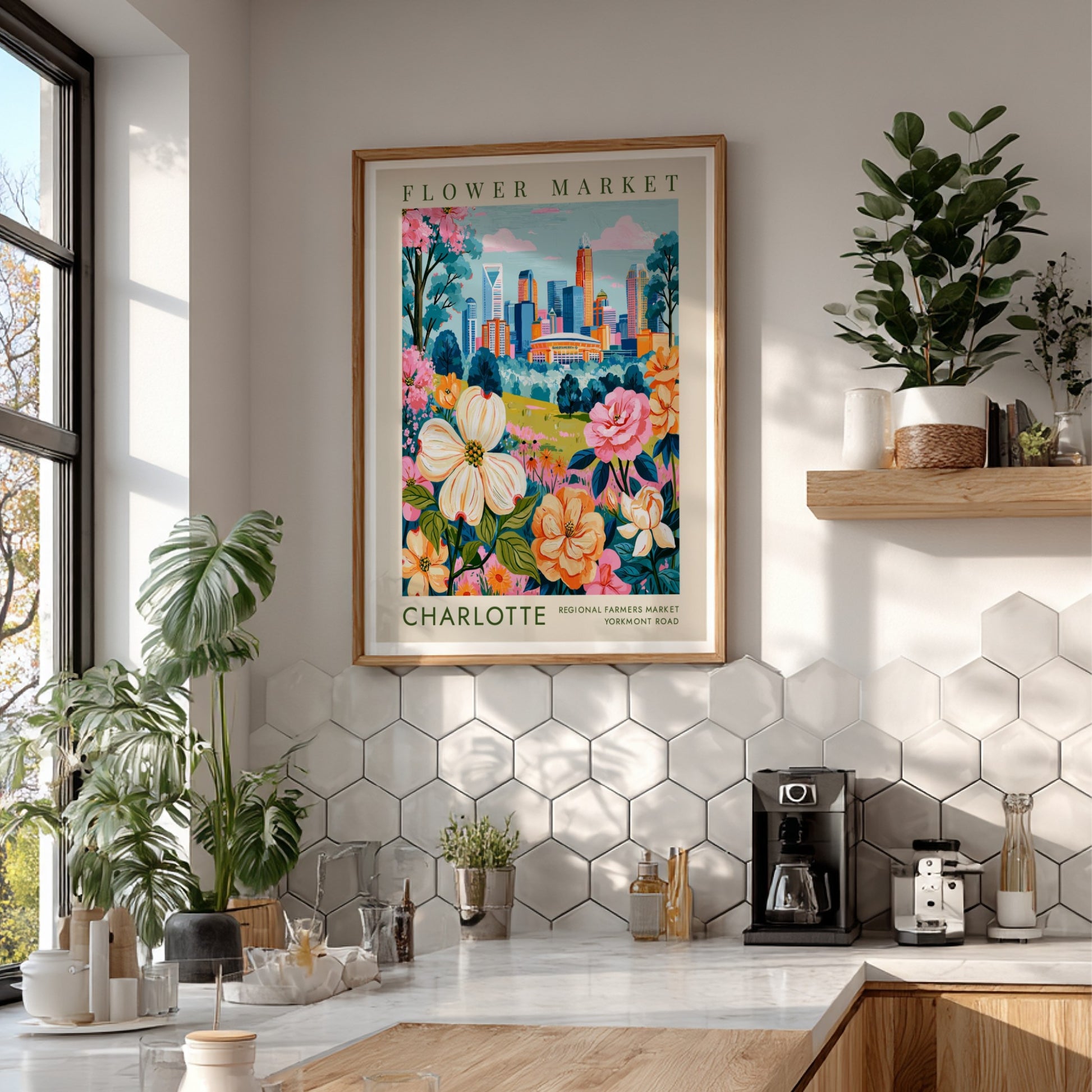 Flower market poster featuring colorful blooms and Charlotte skyline in urban botanical style