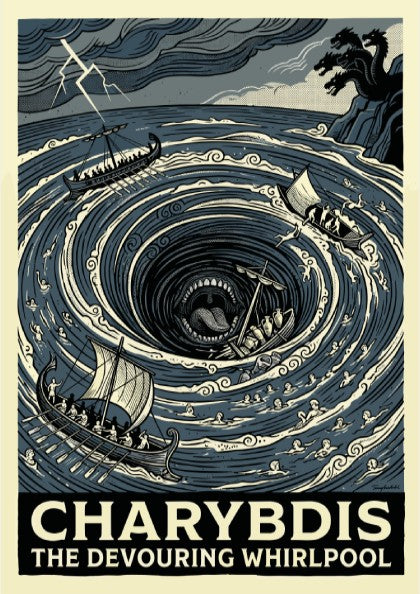 Charybdis Greek mythology poster featuring a swirling whirlpool and ships in a stormy sea, rendered in a bold