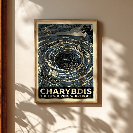 Charybdis Greek mythology poster featuring a swirling whirlpool and ships in a stormy sea, rendered in a bold