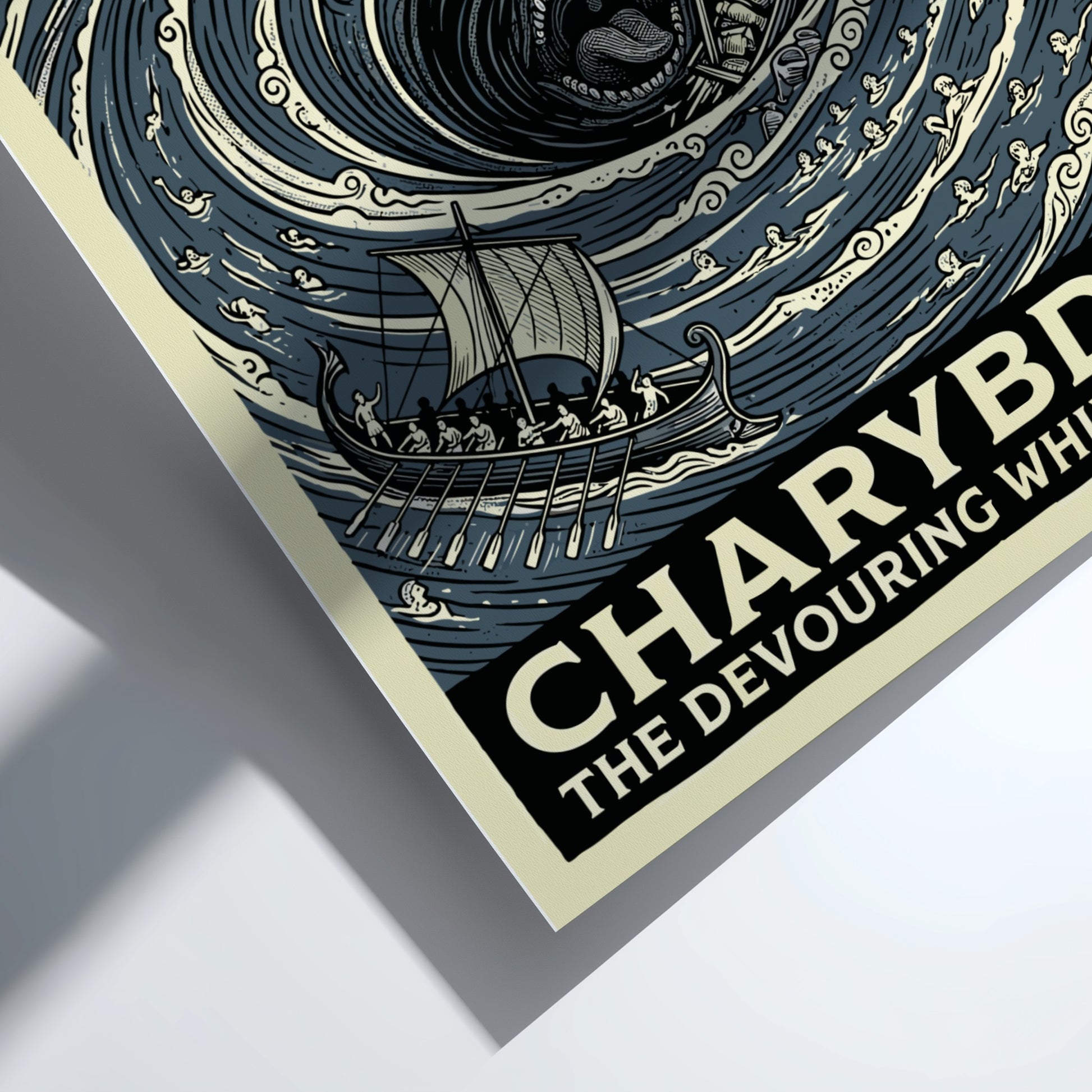 Charybdis Greek mythology poster featuring a swirling whirlpool and ships in a stormy sea, rendered in a bold