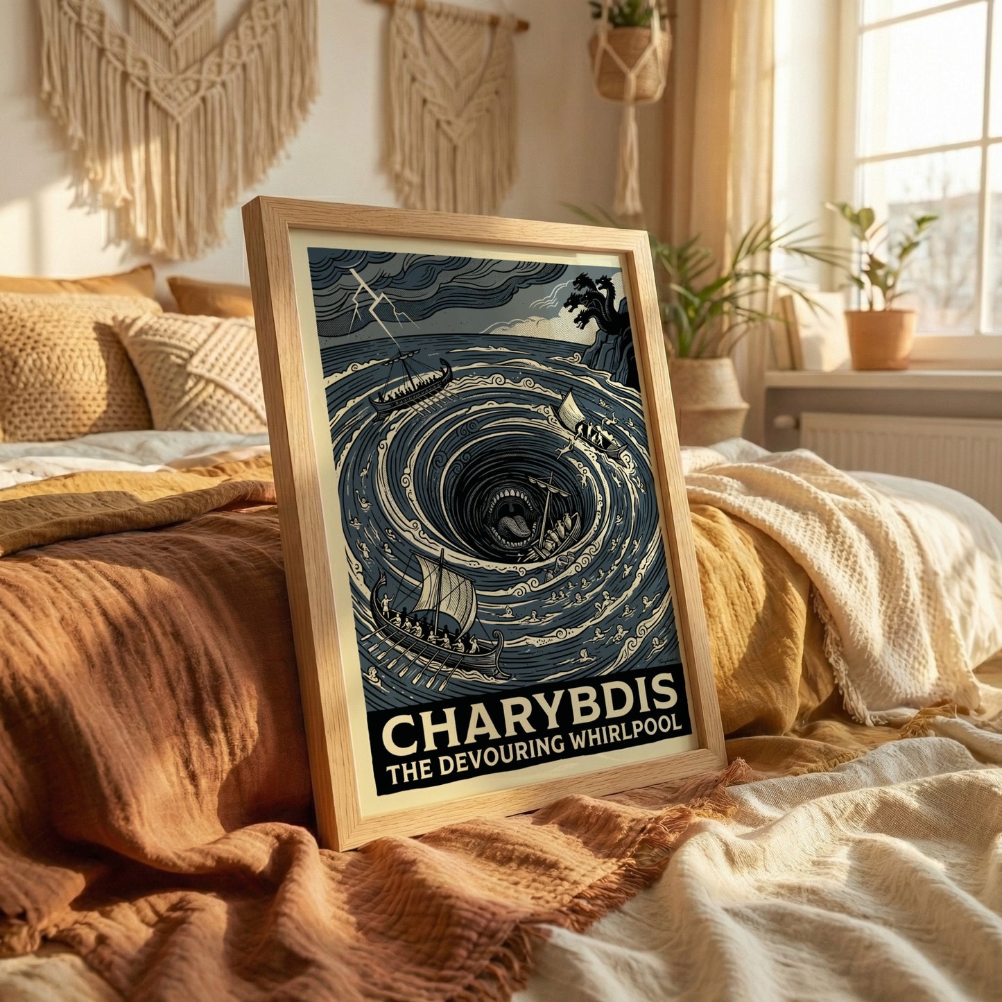 Charybdis Greek mythology poster featuring a swirling whirlpool and ships in a stormy sea, rendered in a bold