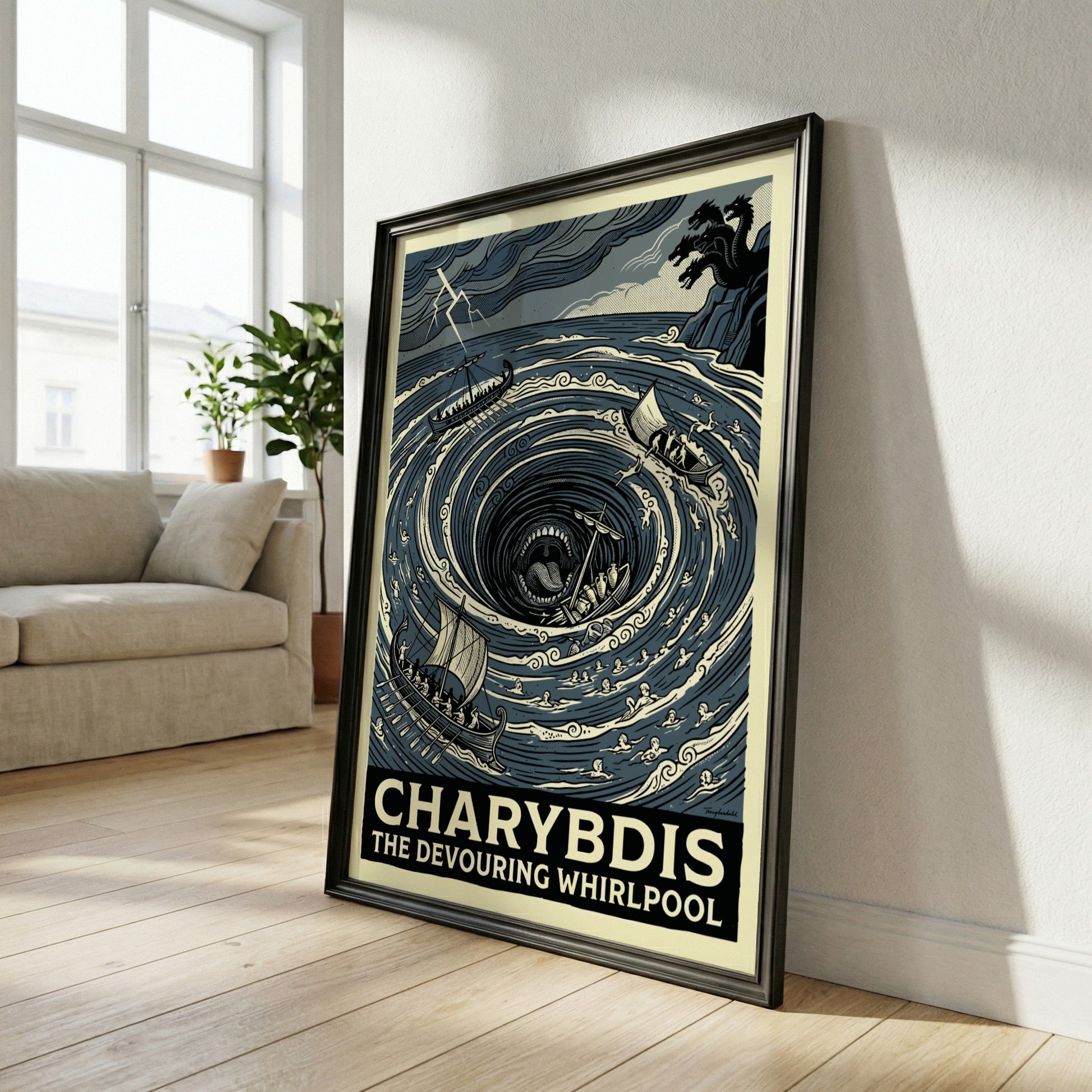 Charybdis Greek mythology poster featuring a swirling whirlpool and ships in a stormy sea, rendered in a bold
