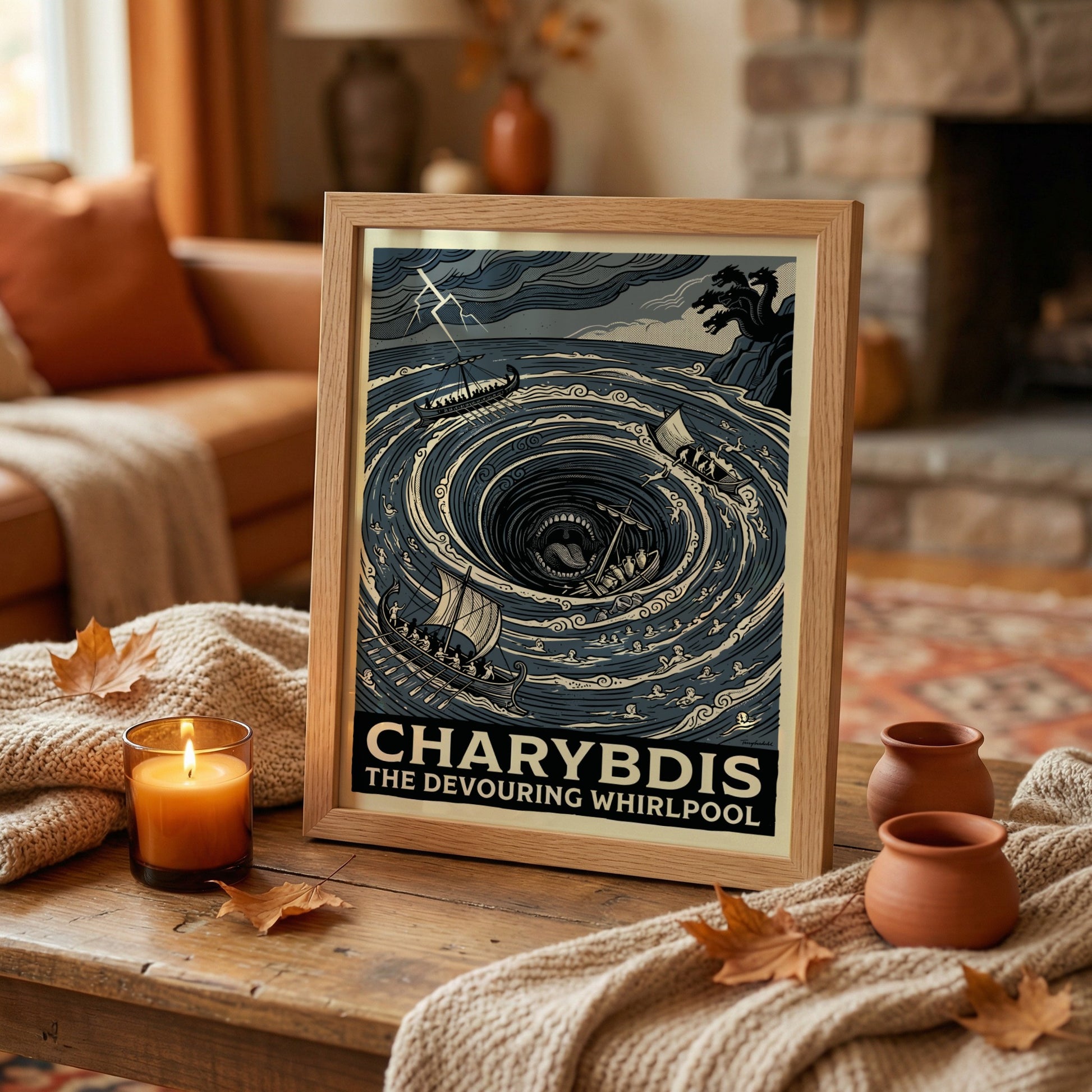 Charybdis Greek mythology poster featuring a swirling whirlpool and ships in a stormy sea, rendered in a bold