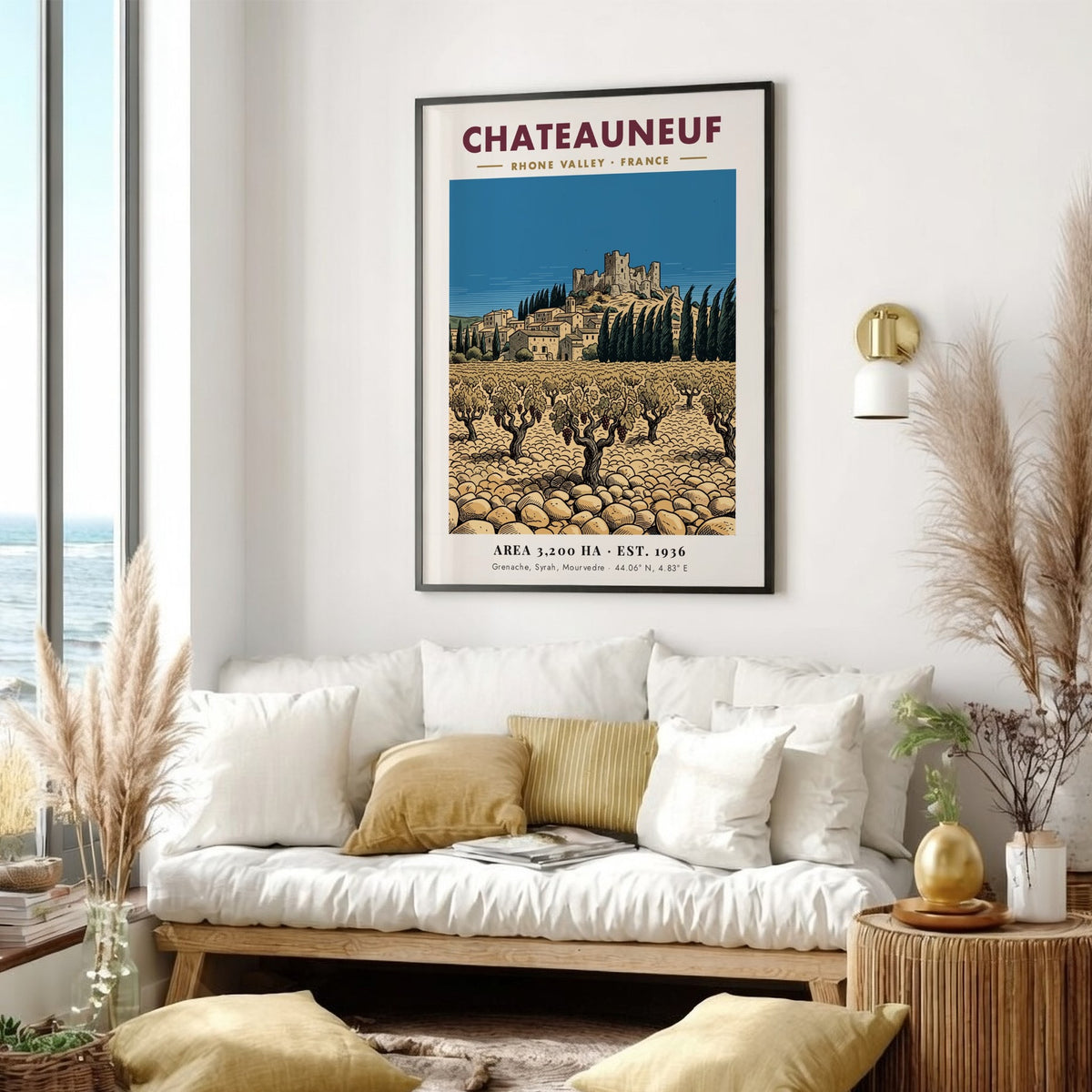 Poster featuring a Chateauneuf Rhone Valley vineyard with stone buildings and a castle.