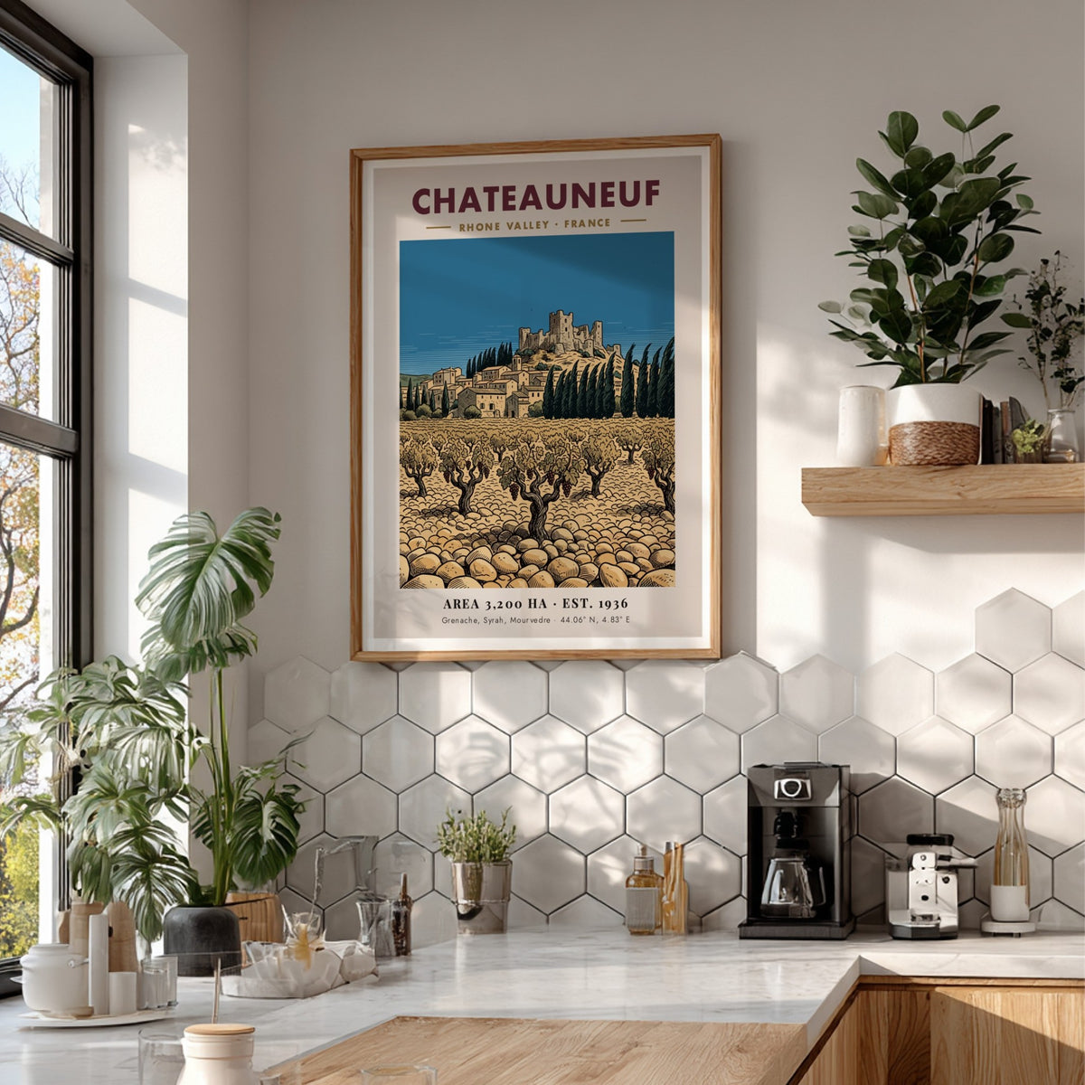 Poster featuring a Chateauneuf Rhone Valley vineyard with stone buildings and a castle.