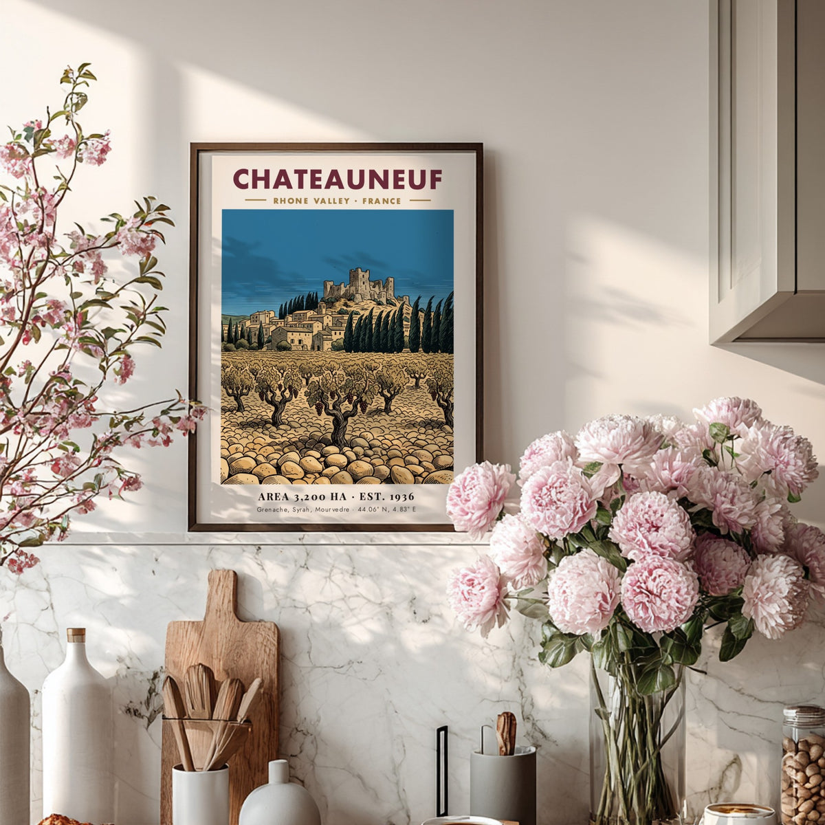 Poster featuring a Chateauneuf Rhone Valley vineyard with stone buildings and a castle.