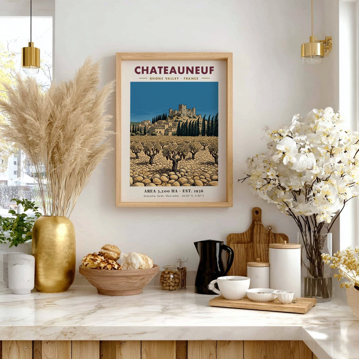 Poster featuring a Chateauneuf Rhone Valley vineyard with stone buildings and a castle.