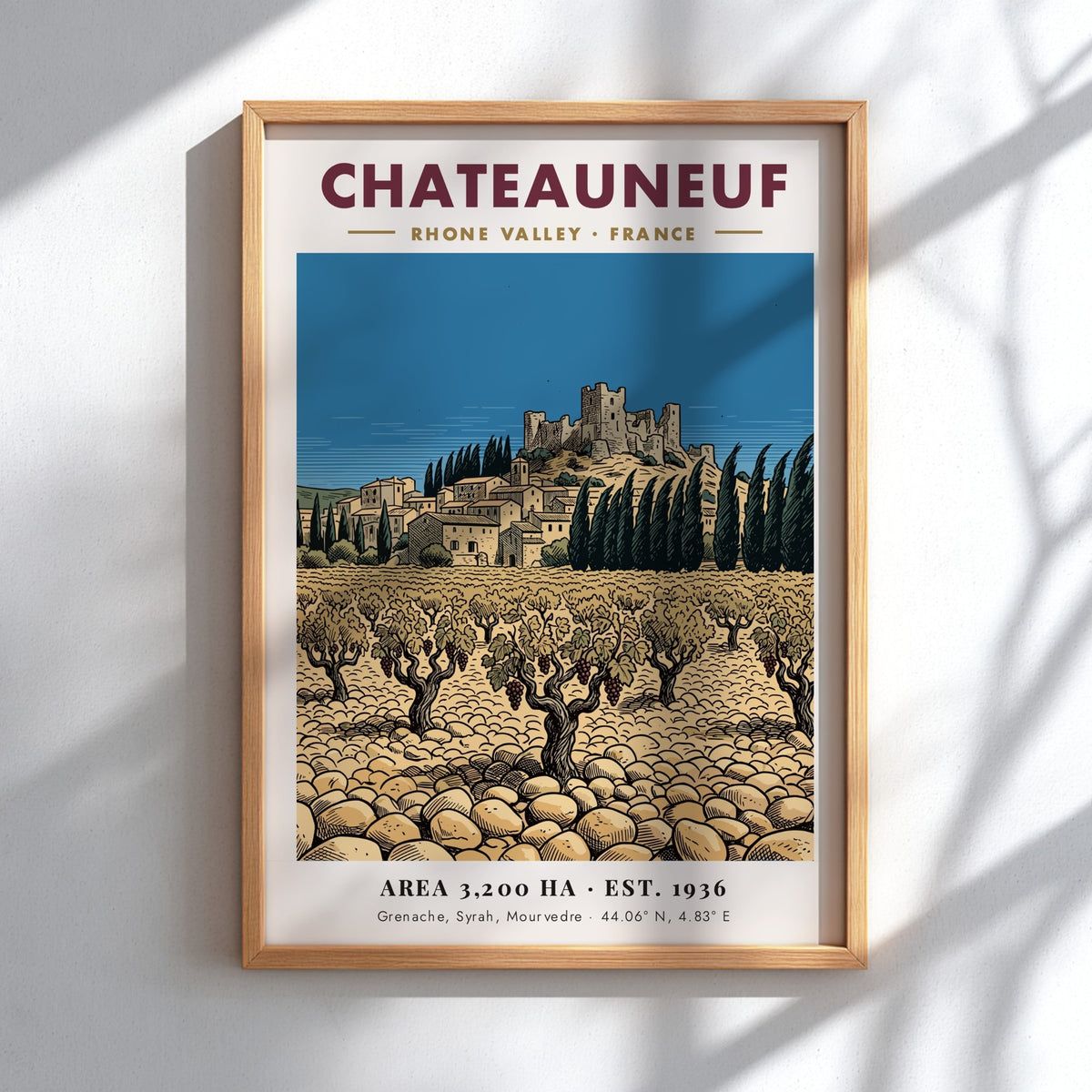 Poster featuring a Chateauneuf Rhone Valley vineyard with stone buildings and a castle.