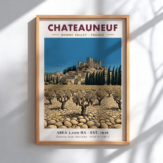 Poster featuring a Chateauneuf Rhone Valley vineyard with stone buildings and a castle.