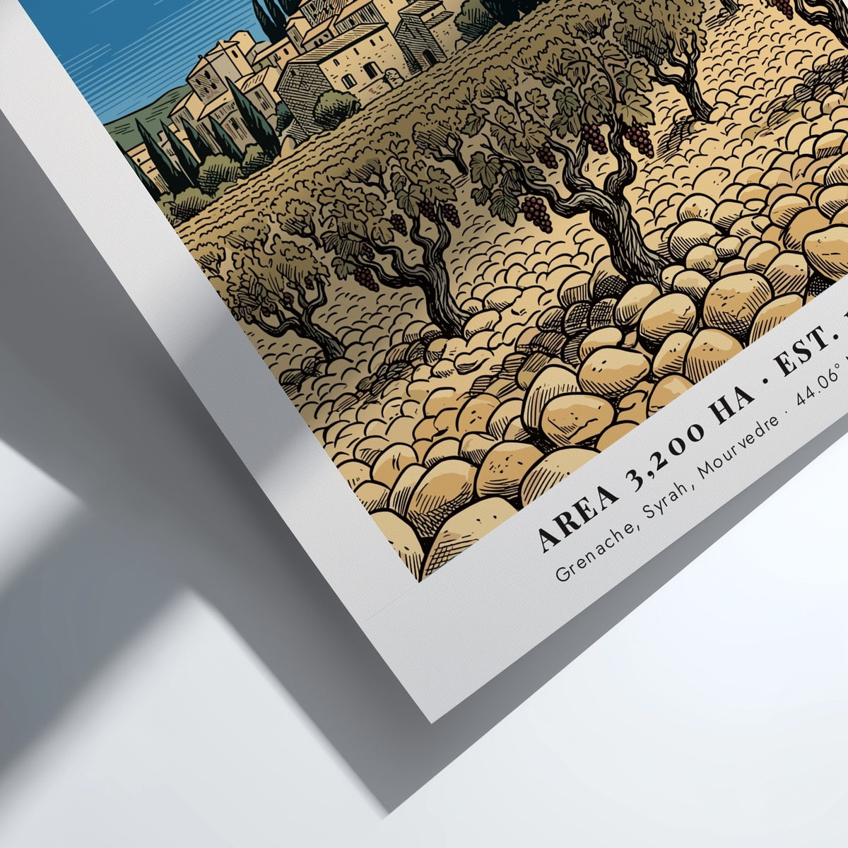 Poster featuring a Chateauneuf Rhone Valley vineyard with stone buildings and a castle.