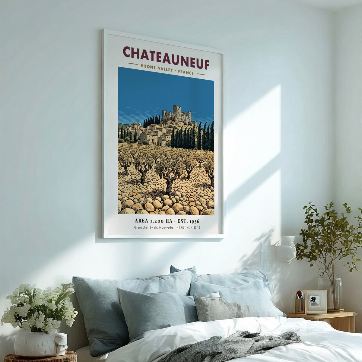 Poster featuring a Chateauneuf Rhone Valley vineyard with stone buildings and a castle.