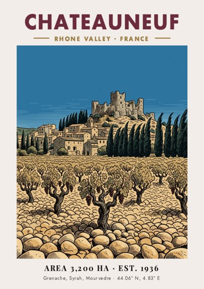Poster featuring a Chateauneuf Rhone Valley vineyard with stone buildings and a castle.