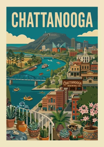 Retro illustration of Chattanooga cityscape with river, mountains, and bridges in vintage style.