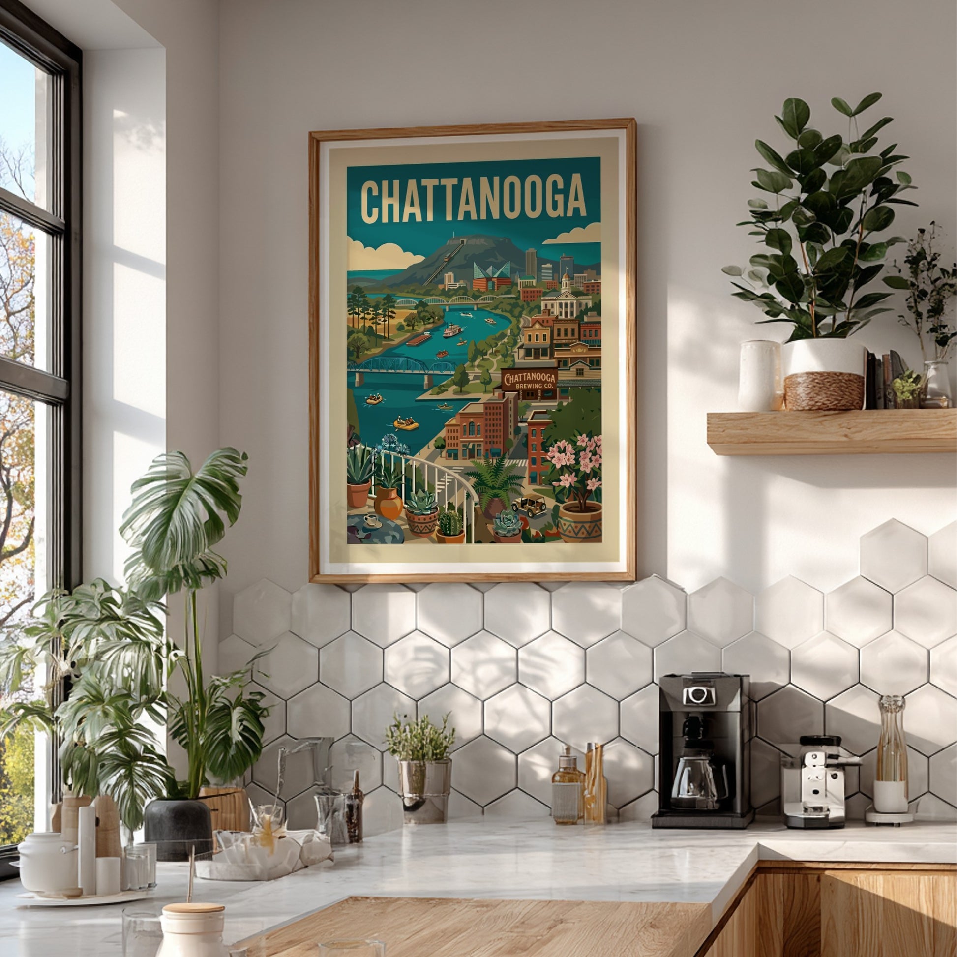 Retro illustration of Chattanooga cityscape with river, mountains, and bridges in vintage style.