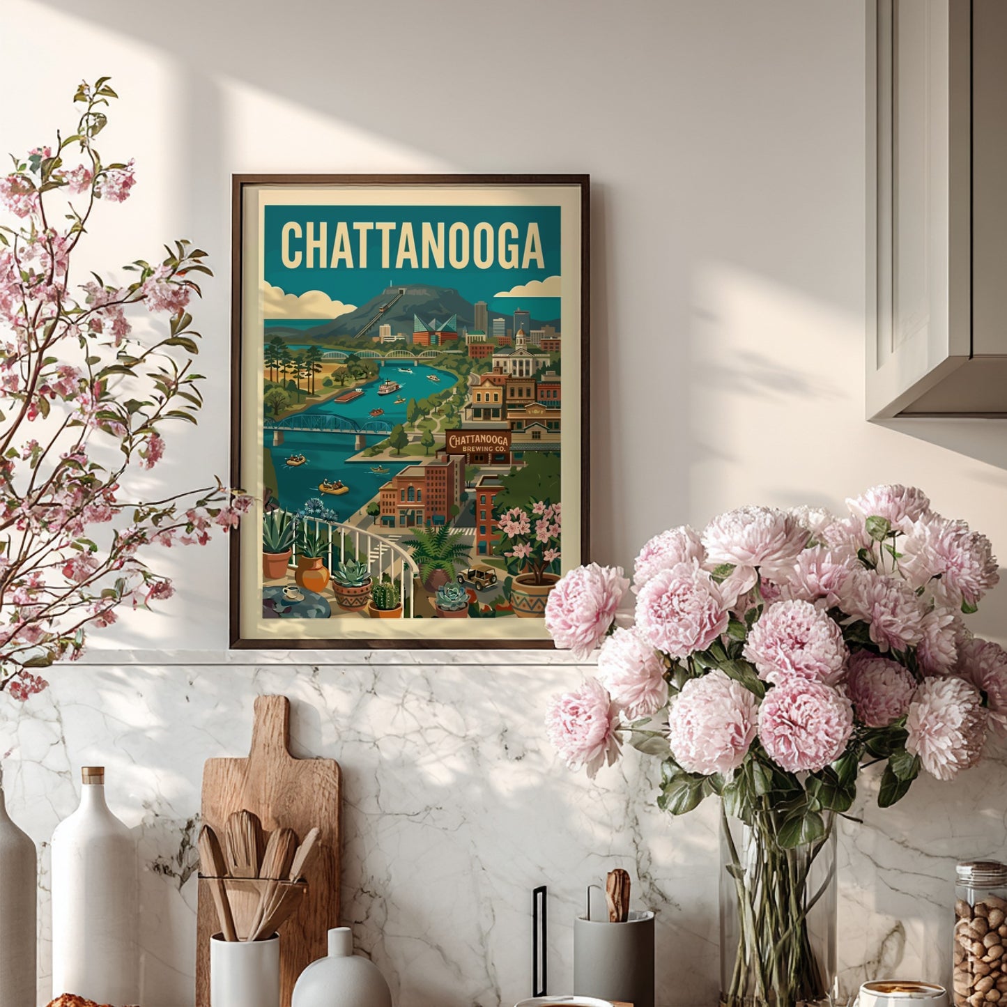 Retro illustration of Chattanooga cityscape with river, mountains, and bridges in vintage style.