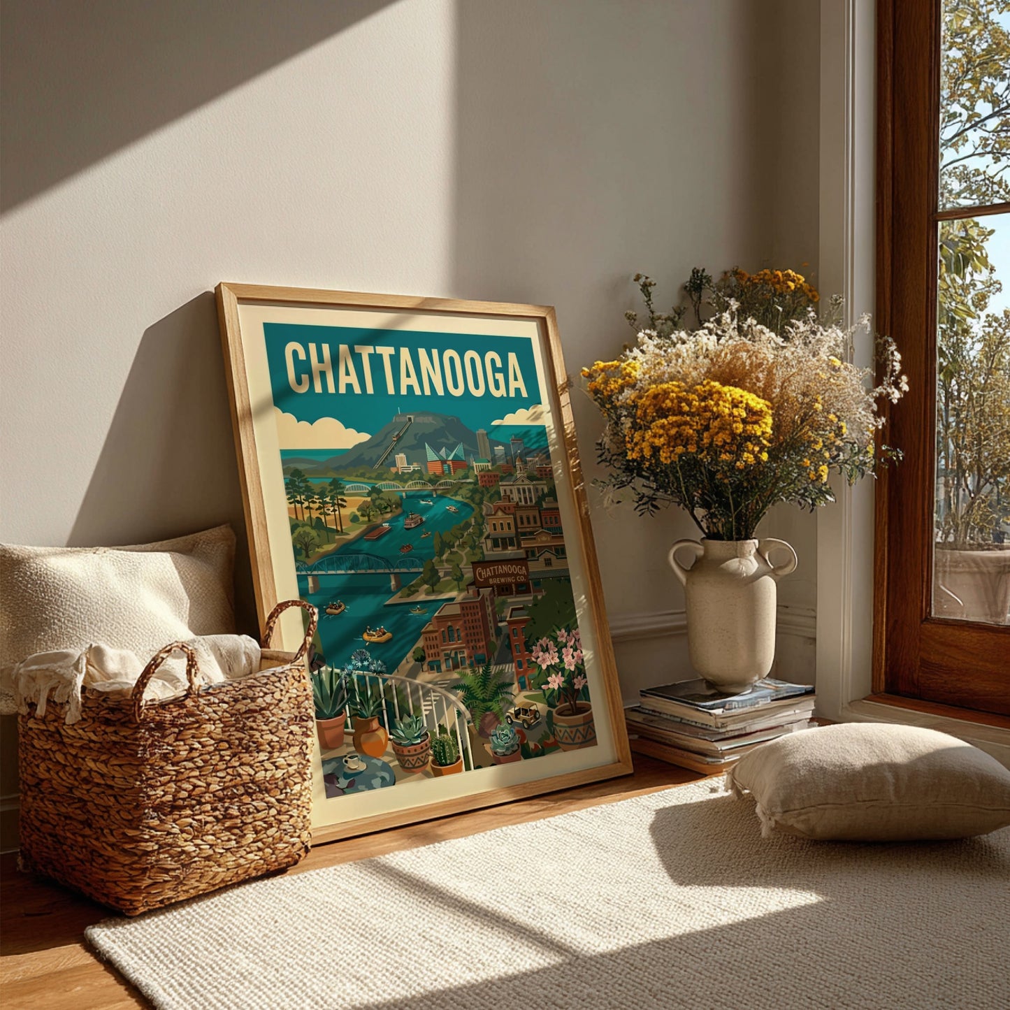 Retro illustration of Chattanooga cityscape with river, mountains, and bridges in vintage style.
