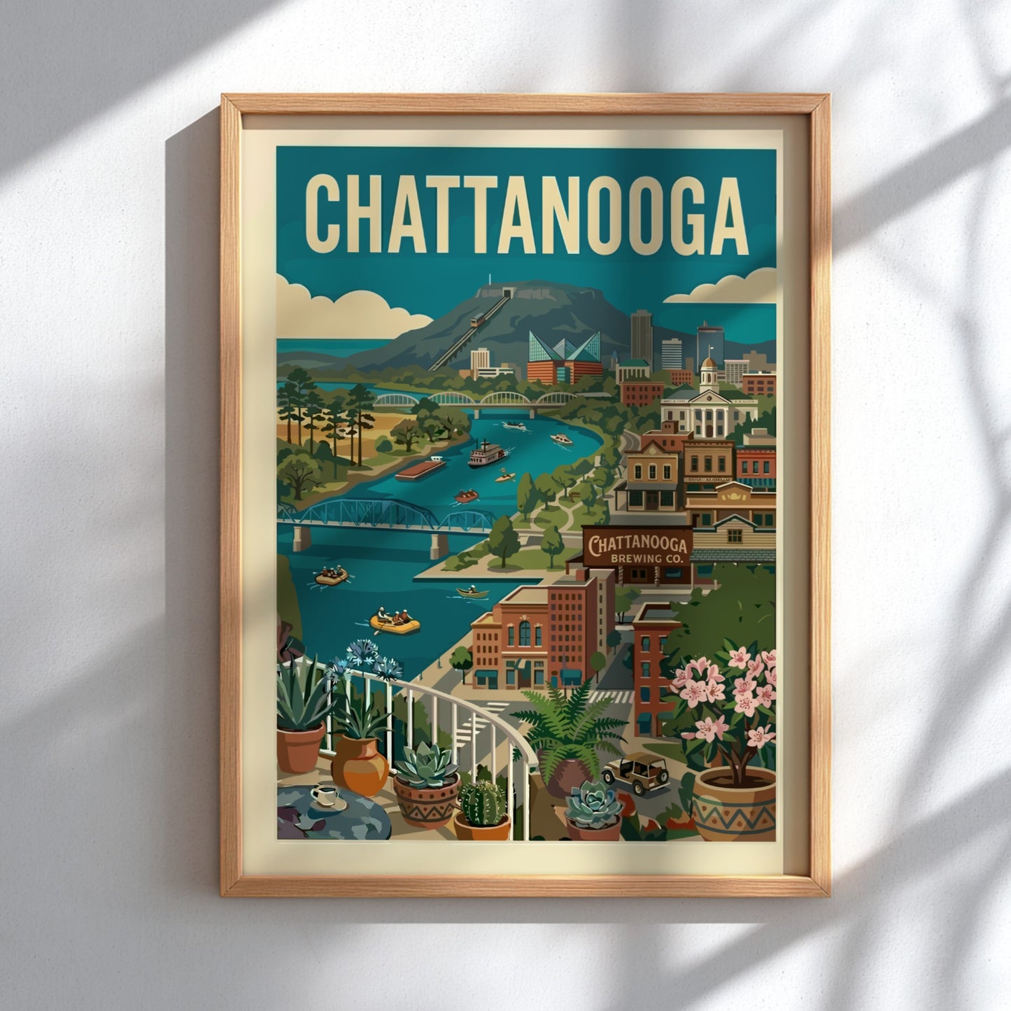 Retro illustration of Chattanooga cityscape with river, mountains, and bridges in vintage style.