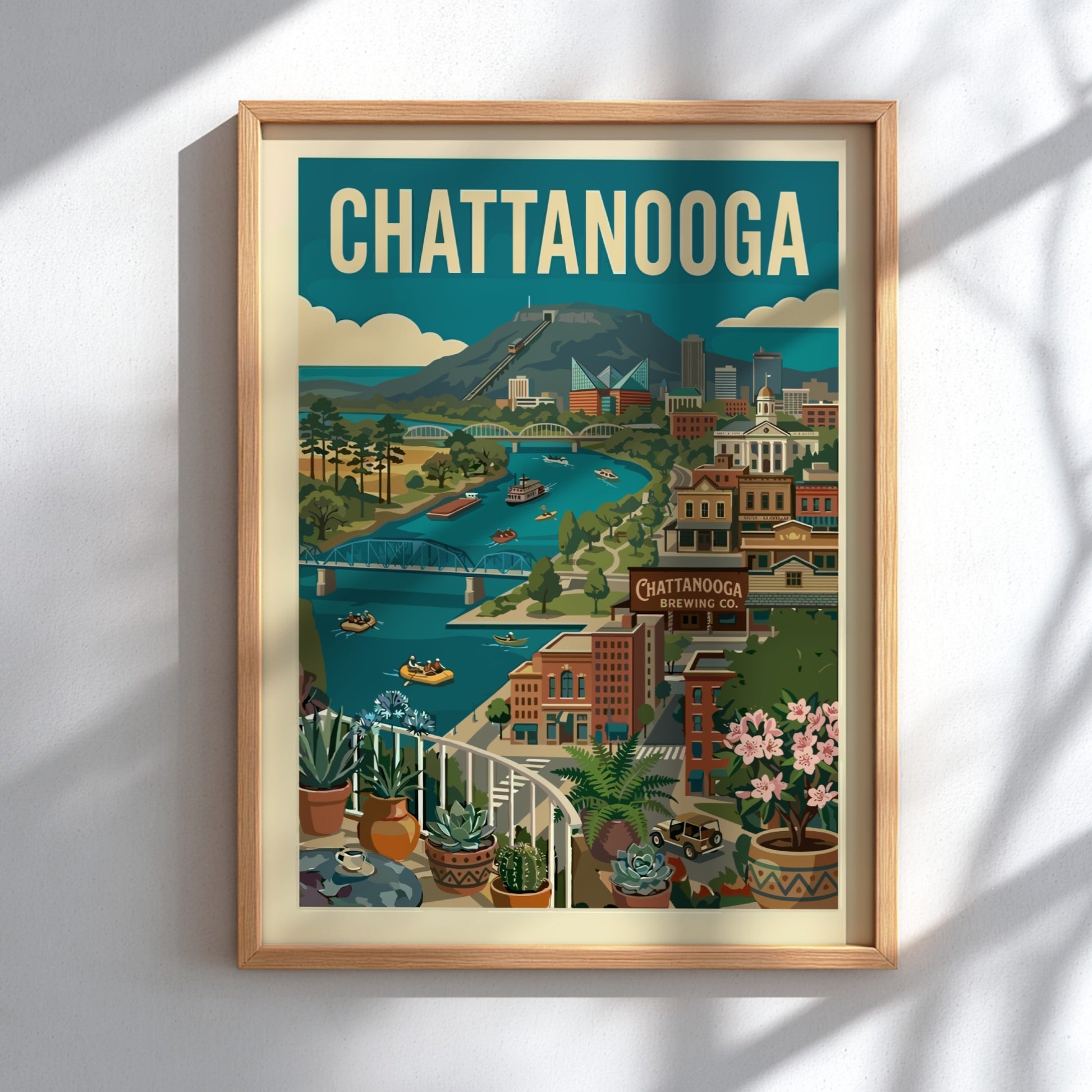 Retro illustration of Chattanooga cityscape with river, mountains, and bridges in vintage style.