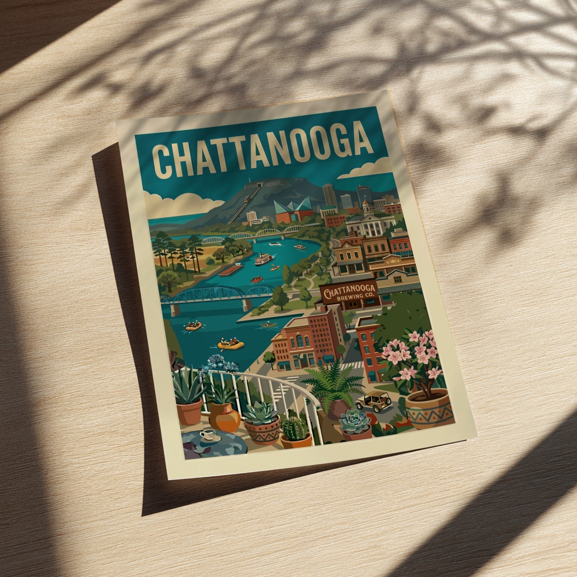 Retro illustration of Chattanooga cityscape with river, mountains, and bridges in vintage style.