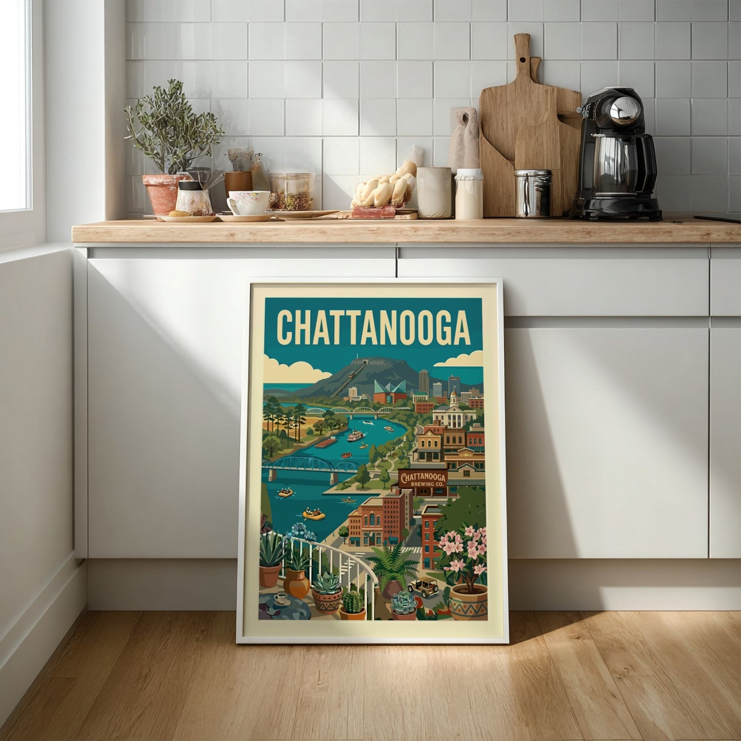 Retro illustration of Chattanooga cityscape with river, mountains, and bridges in vintage style.