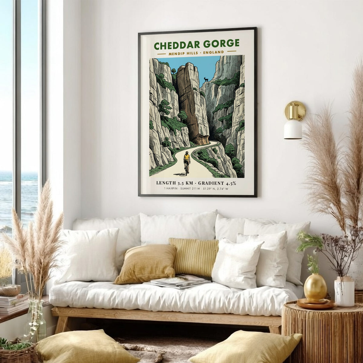 Cheddar Gorge poster featuring a cyclist climbing through dramatic limestone cliffs in England