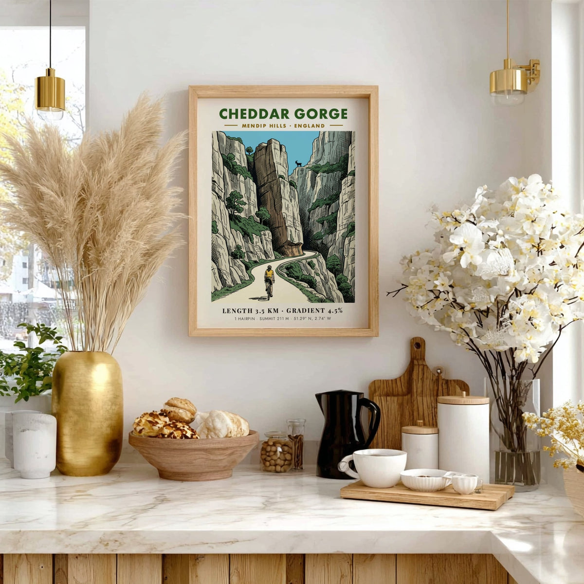 Cheddar Gorge poster featuring a cyclist climbing through dramatic limestone cliffs in England