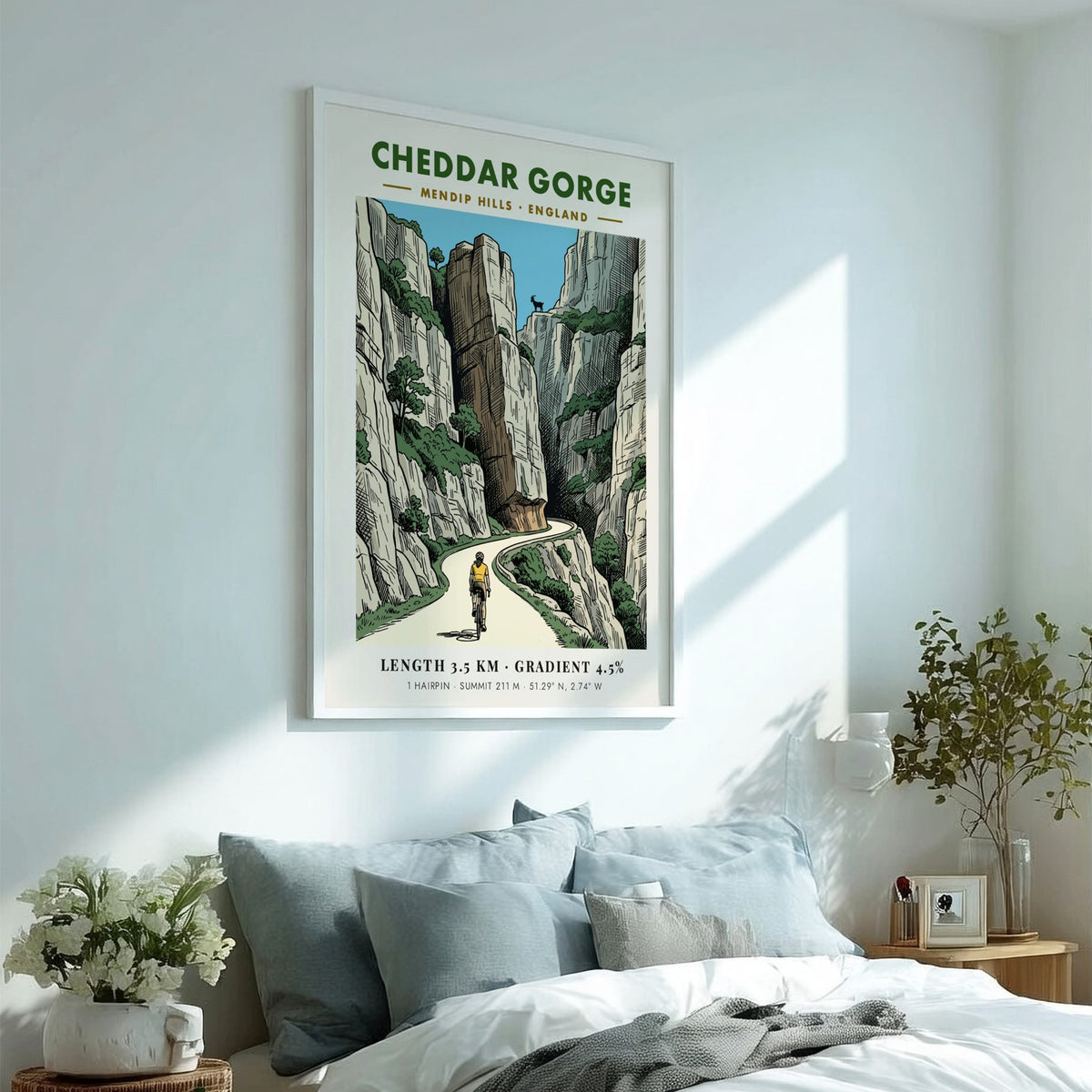 Cheddar Gorge poster featuring a cyclist climbing through dramatic limestone cliffs in England