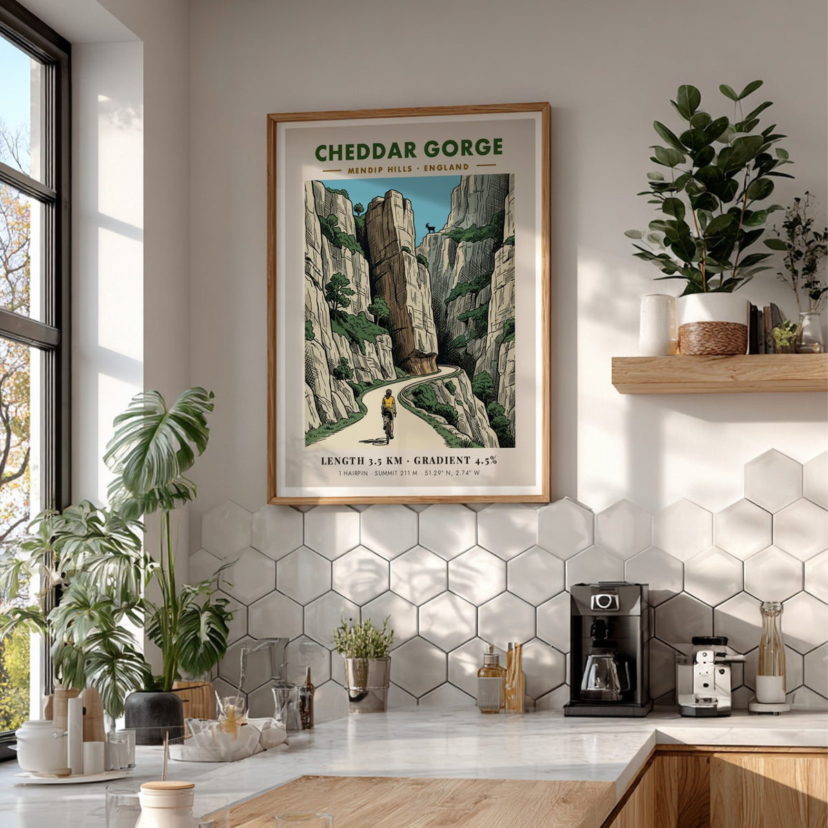Cheddar Gorge poster featuring a cyclist climbing through dramatic limestone cliffs in England