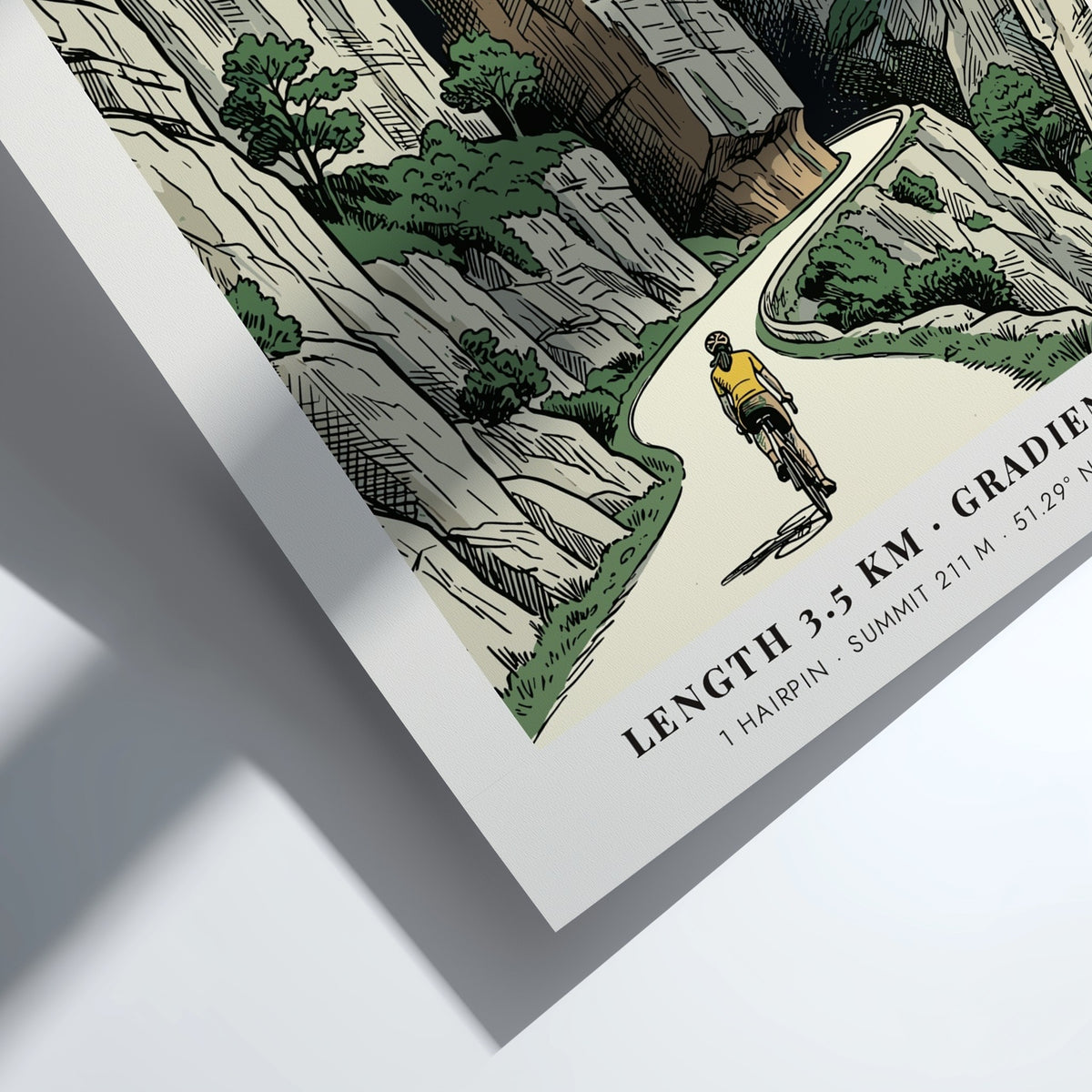 Cheddar Gorge poster featuring a cyclist climbing through dramatic limestone cliffs in England