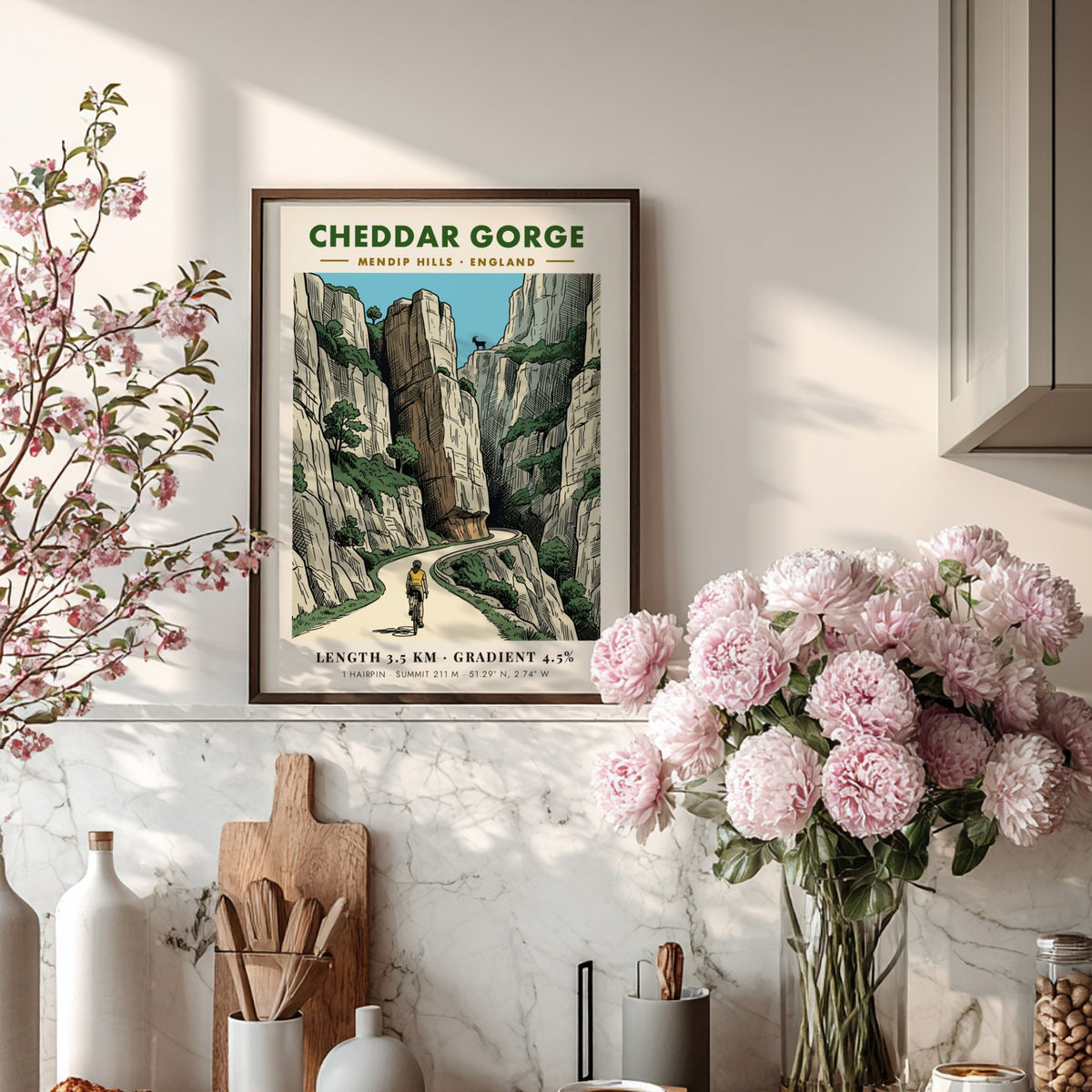 Cheddar Gorge poster featuring a cyclist climbing through dramatic limestone cliffs in England