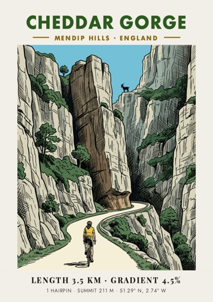Cheddar Gorge poster featuring a cyclist climbing through dramatic limestone cliffs in England