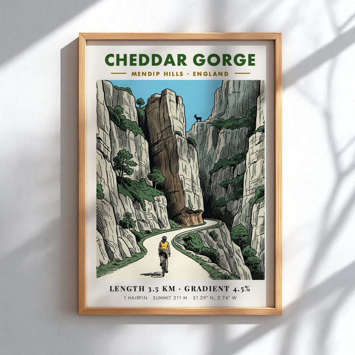 Cheddar Gorge poster featuring a cyclist climbing through dramatic limestone cliffs in England