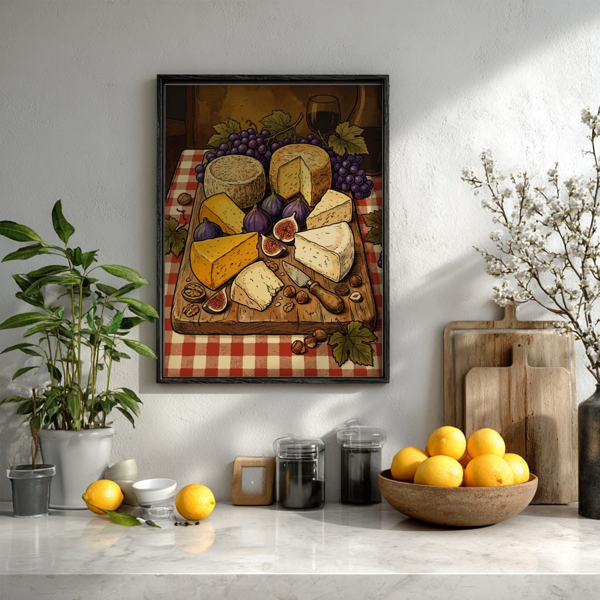 Poster featuring a rustic cheese board with grapes and figs on a checkered cloth.