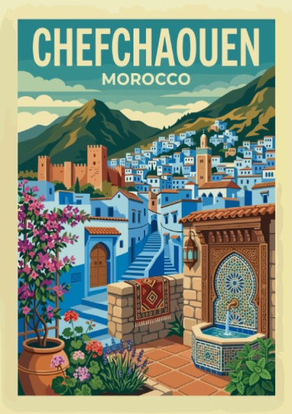 Chefchaouen Morocco travel poster featuring blue buildings, mountains, and a fountain. Stylized illustration.