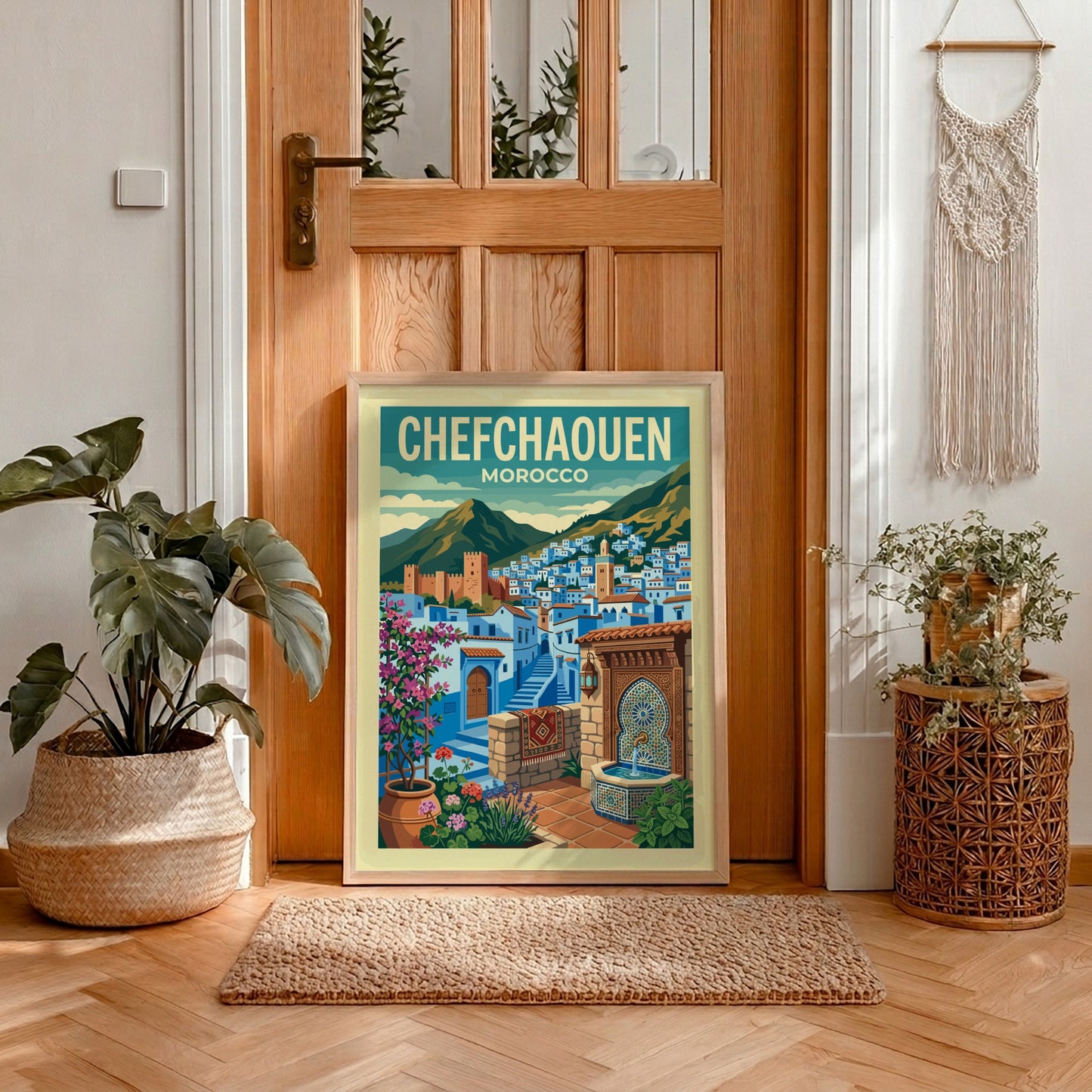 Chefchaouen Morocco travel poster featuring blue buildings, mountains, and a fountain. Stylized illustration.