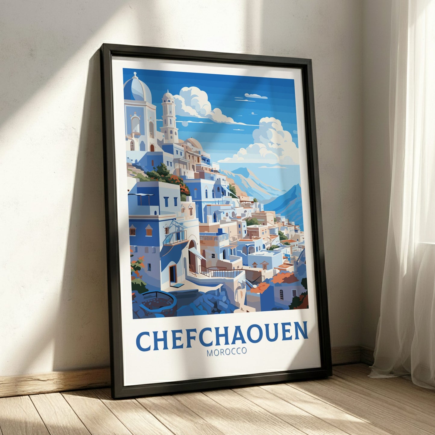 Framed poster of Chefchaouen, Morocco with a scenic cityscape.
