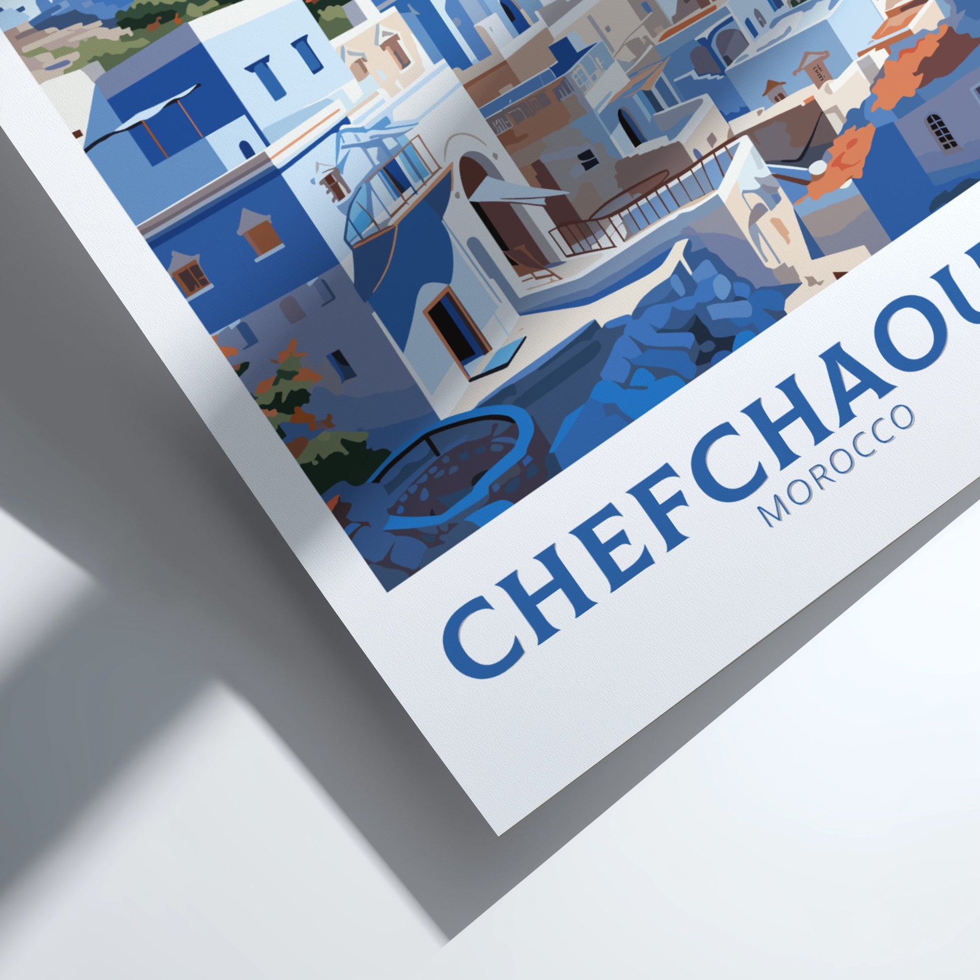Poster of Chefchaouen, Morocco with blue and white buildings.