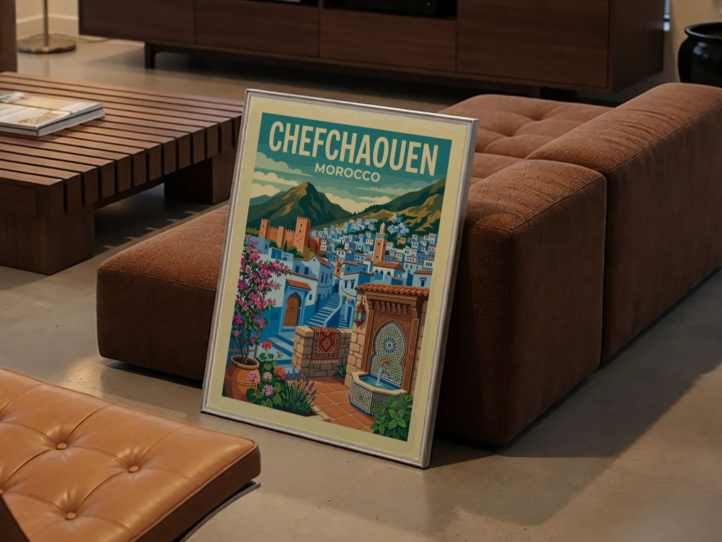 Chefchaouen Morocco travel poster featuring blue buildings, mountains, and a fountain. Stylized illustration.